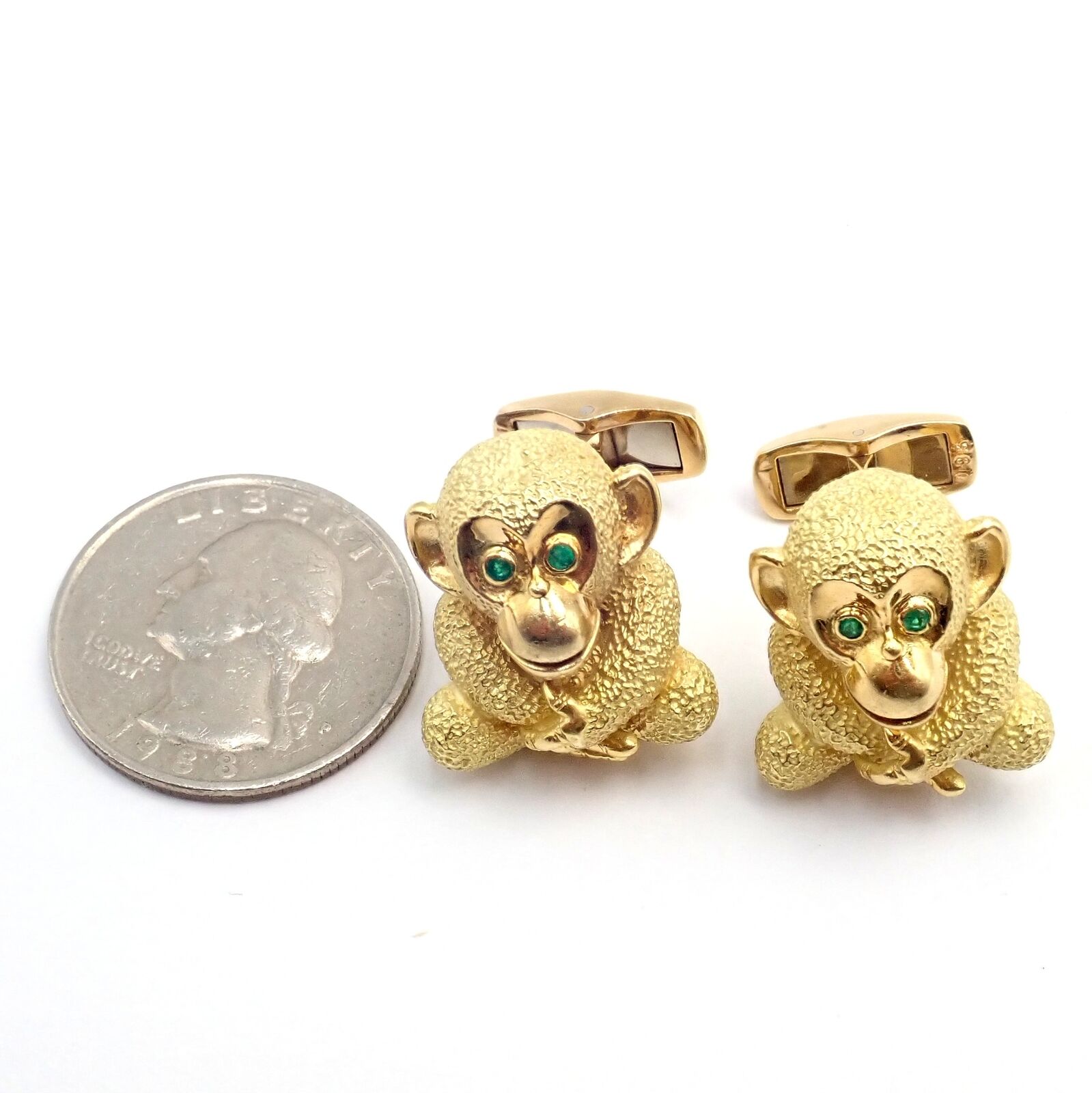 Authentic 18k Yellow Gold Emerald Whimsical Monkey Cufflinks by Kurt Wayne - Perfect for Weddings, Formal Events & Gift Giving