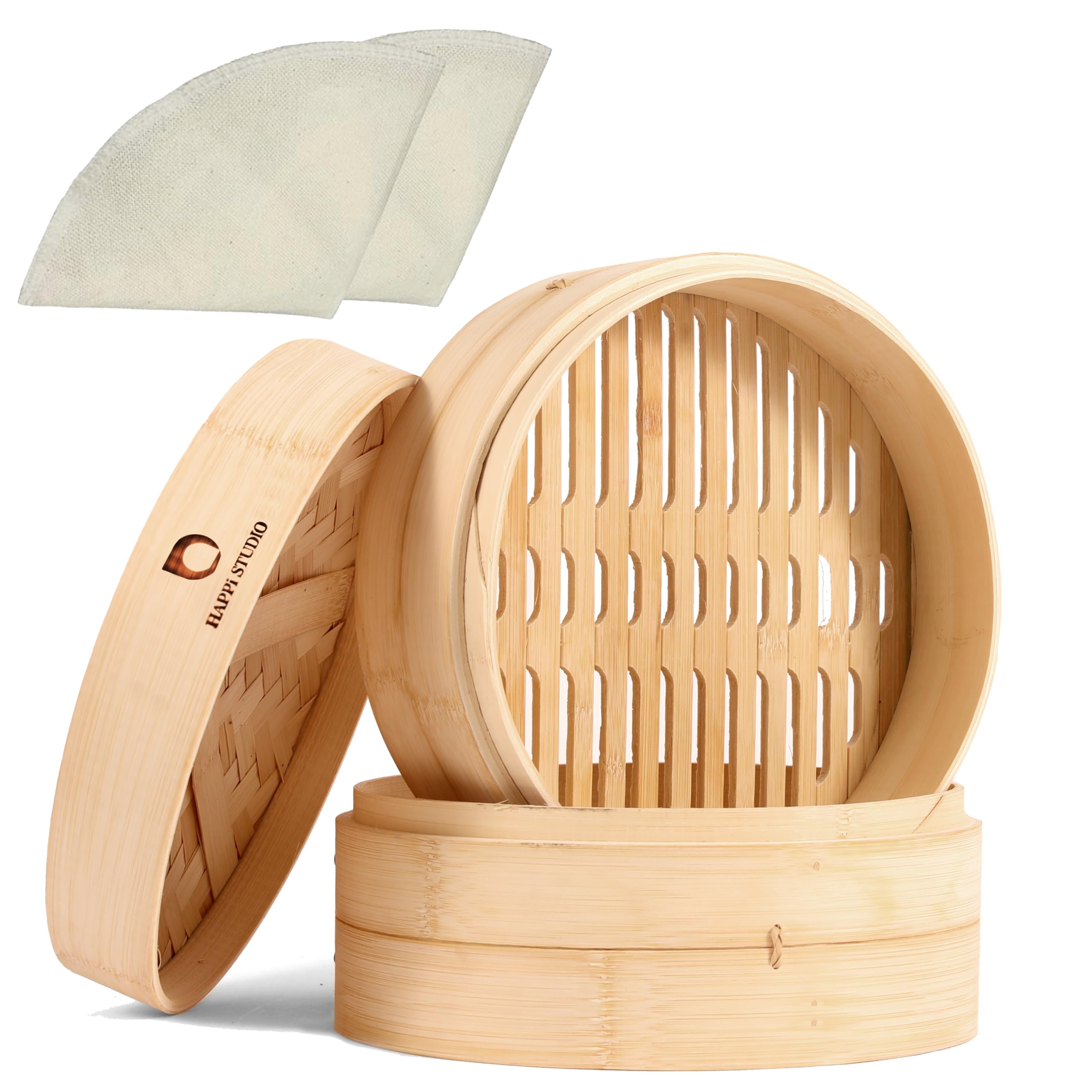 2-Tier 10 Inch Bamboo Steamer Basket for Dim Sum, Momo & Bao Buns - Natural Chinese/Japanese Dumpling Steamer for Healthy Cooking - Perfect for Asian Cuisine, Homemade Dumplings & Restaurant-Style Steam Dishes