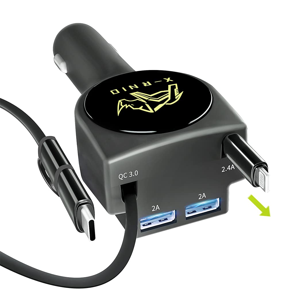Fast Charging 47W Retractable Car Charger with 2 USB Ports & 3Ft Cables - Compatible with iPhone 15/14/13, Samsung Galaxy, Android Phones - Perfect for Road Trips & Daily Commute