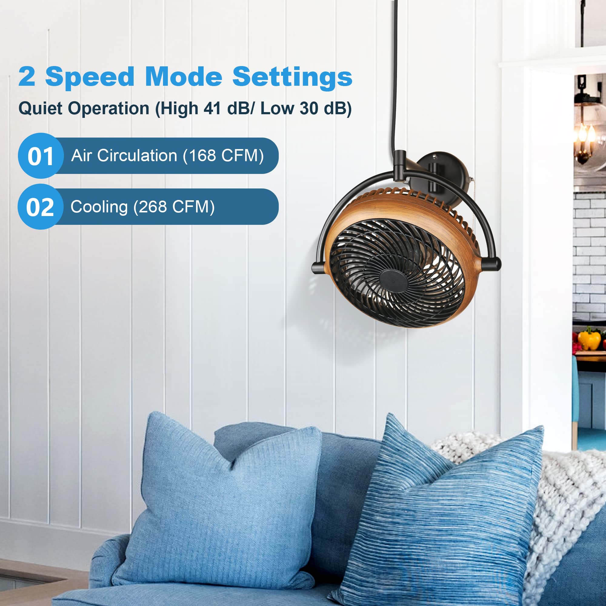 Parrot Uncle 10 Inch Vintage Wall Mount Fan - Oscillating, Plug-in, Adjustable Arm, Small Folding Rotating Fan for Bathroom, Kitchen, Dining Room (Walnut) | Perfect for Home Cooling, Air Circulation & Space Saving