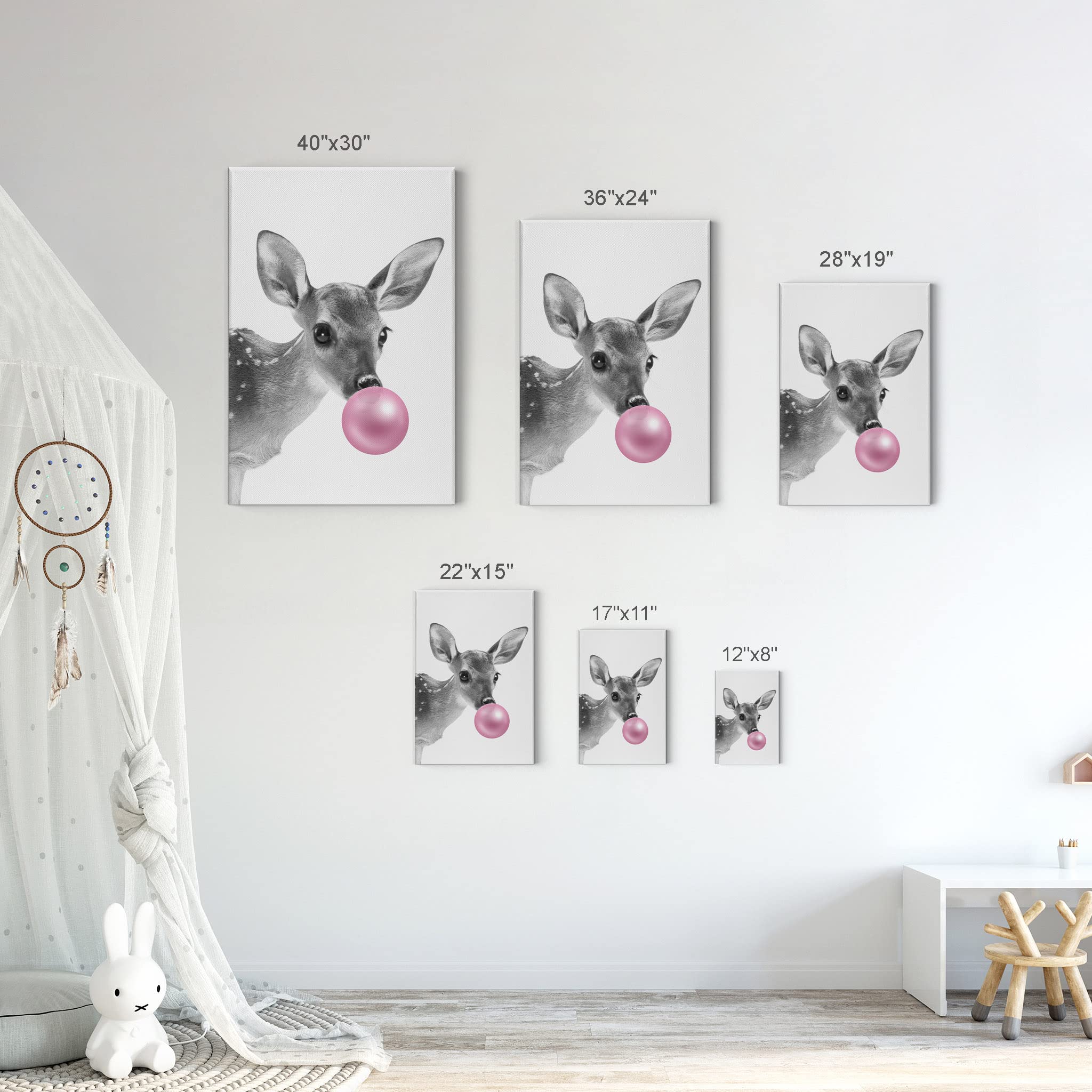 Smile Art Design Baby Deer Animal Decor Bubble Gum Pink Canvas Print - Black and White Wall Art for Nursery, Kids Room Decor - Stretched & Ready to Hang (40x30 inches) - Perfect for Baby Showers, Birthday Gifts & Home Decoration - Made in USA