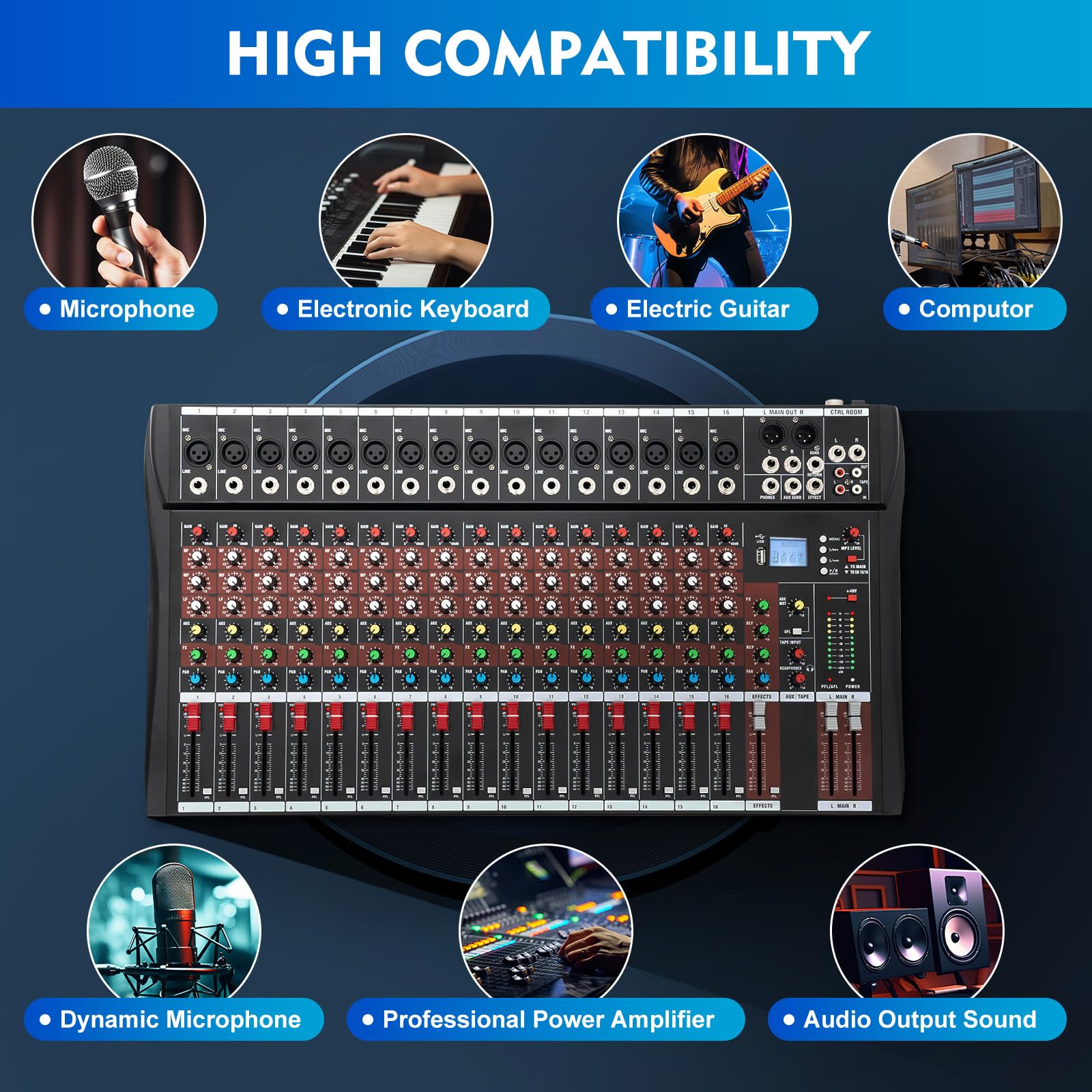 16 Channel Professional Audio Mixer with USB & Bluetooth - DJ Sound Controller & Studio Mixing Console for Live Performances, Recording, and Home Studios (Beginner & Pro Use)