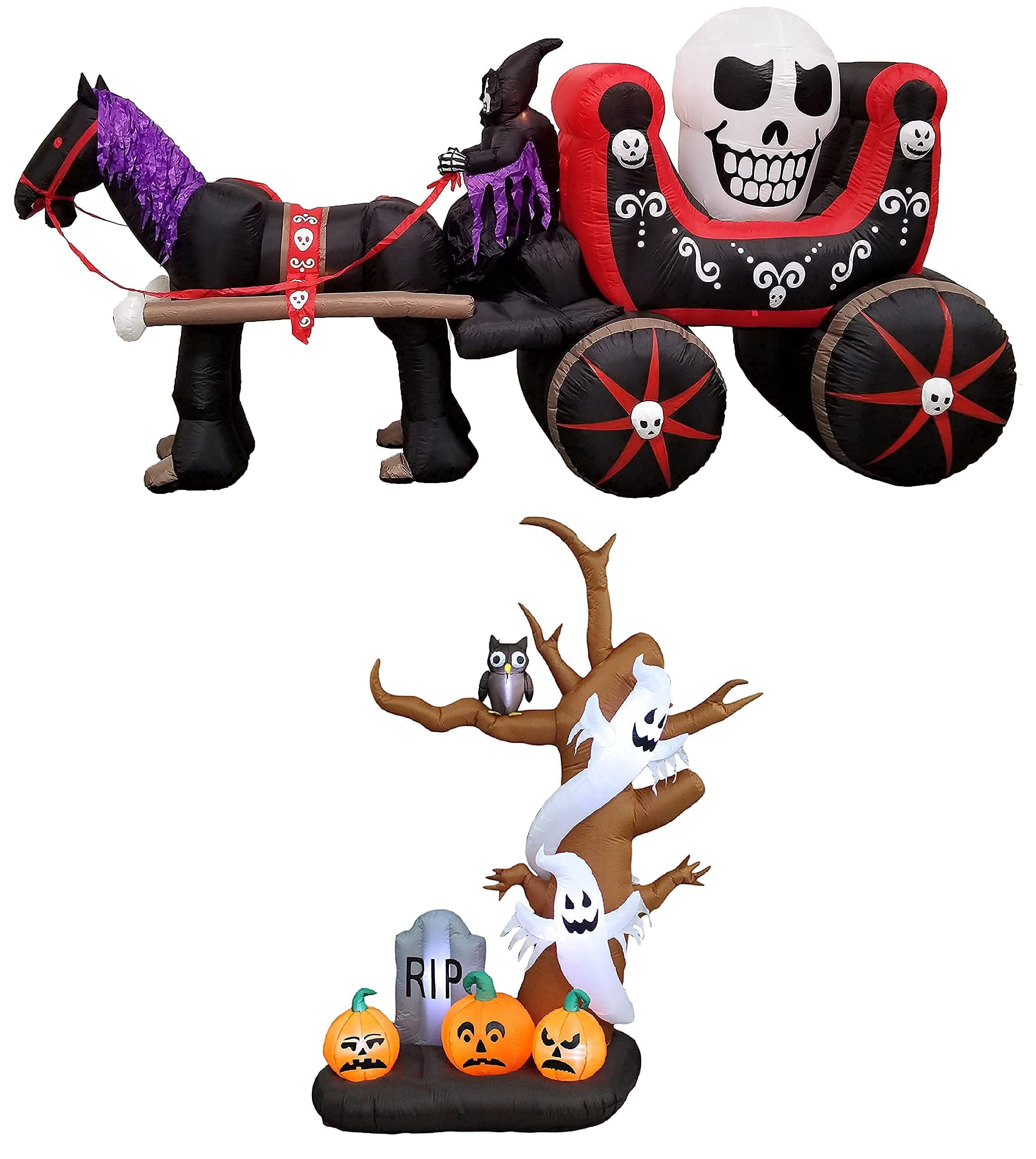 12ft Inflatable Skeleton Horse & 9ft Haunted Tree Halloween Decorations Bundle - Spooky Ghost, Skull, Pumpkin, Owl & Tombstone with Lights for Outdoor Party Decor