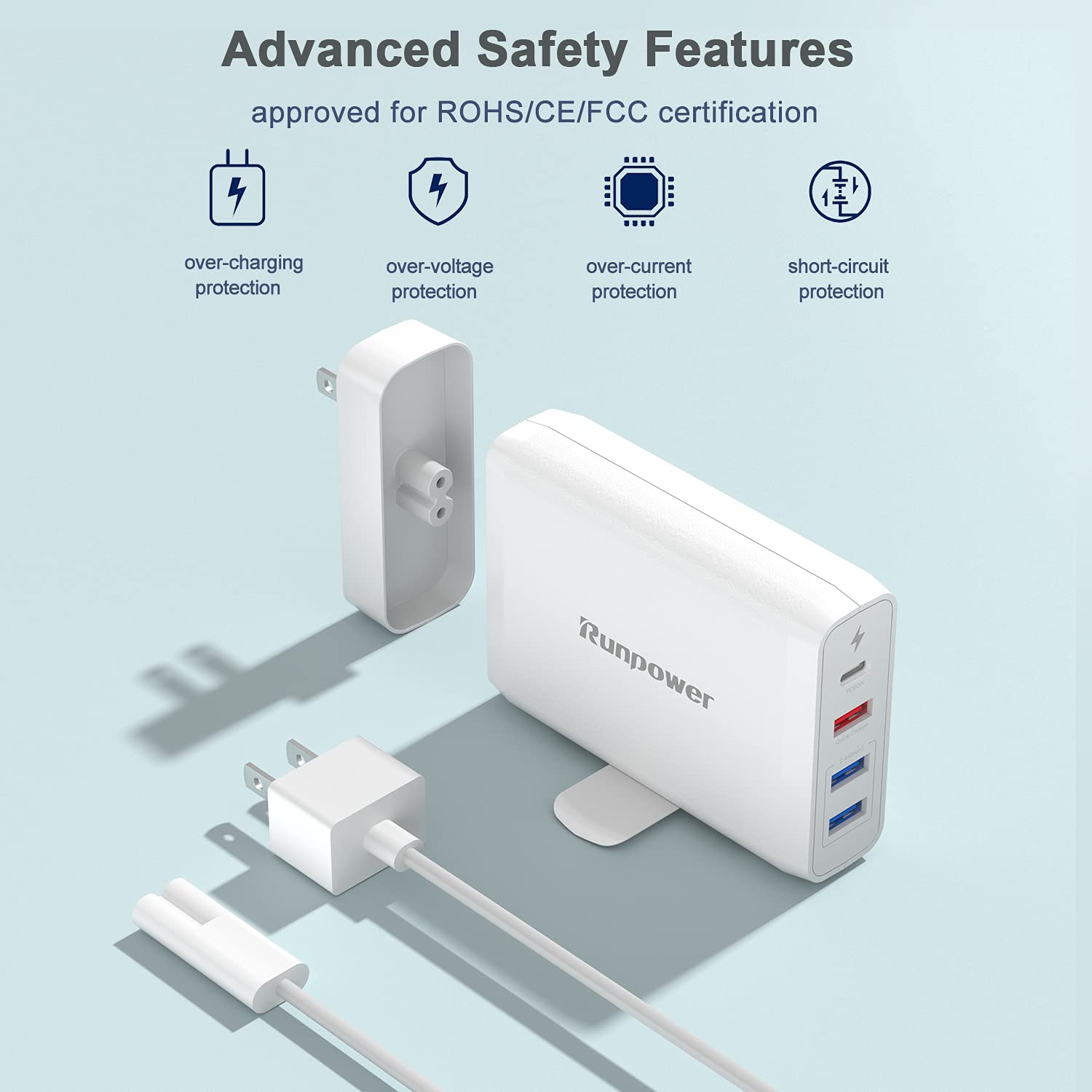 Runpower 90W 4-Port USB C Fast Wall Charger with 60W PD & 18W QC Ports - Dual USB A Ports 12W - Compatible with MacBook Pro/Air, iPhone, iPad, Samsung Galaxy - Perfect for Home, Office & Travel Charging