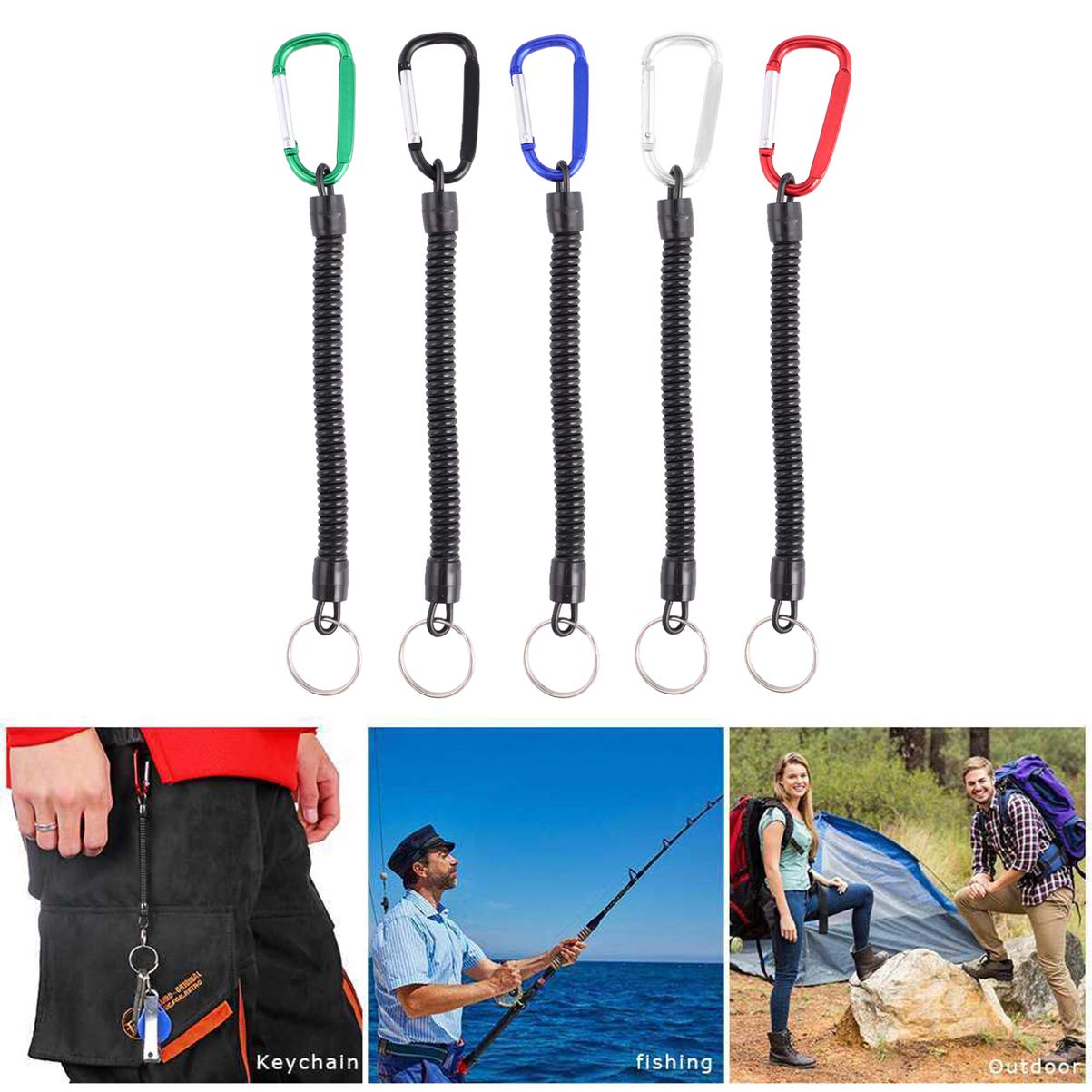 VILLCASE 5Pcs Fishing Lanyard Keychains - Retractable Safety Coil with Carabiner for Men (1.2m) - Perfect for Outdoor & Work Keys