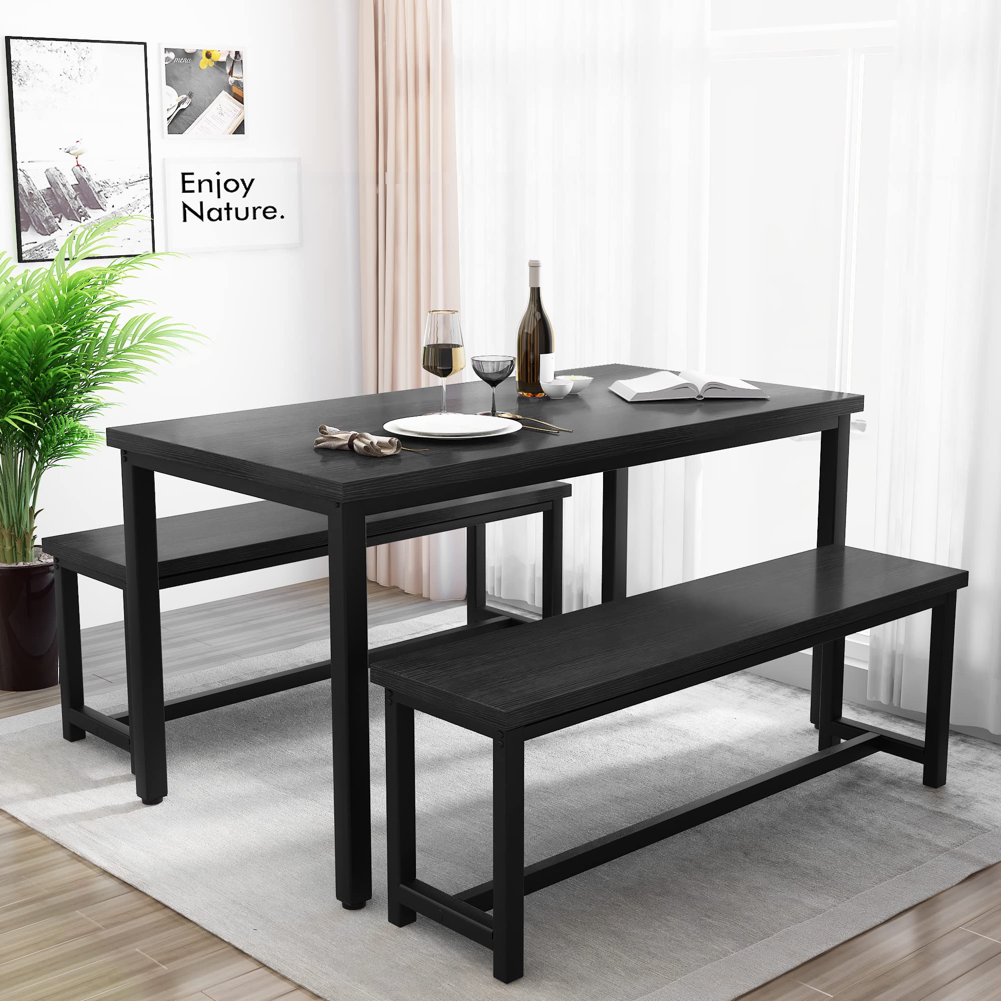 **Recaceik 3-Piece Farmhouse Dining Table Set for 4 with 2 Benches - Industrial Kitchen Table Set for Small Spaces, Apartments, Breakfast Nook - Perfect for Family Meals & Entertaining (Black)**