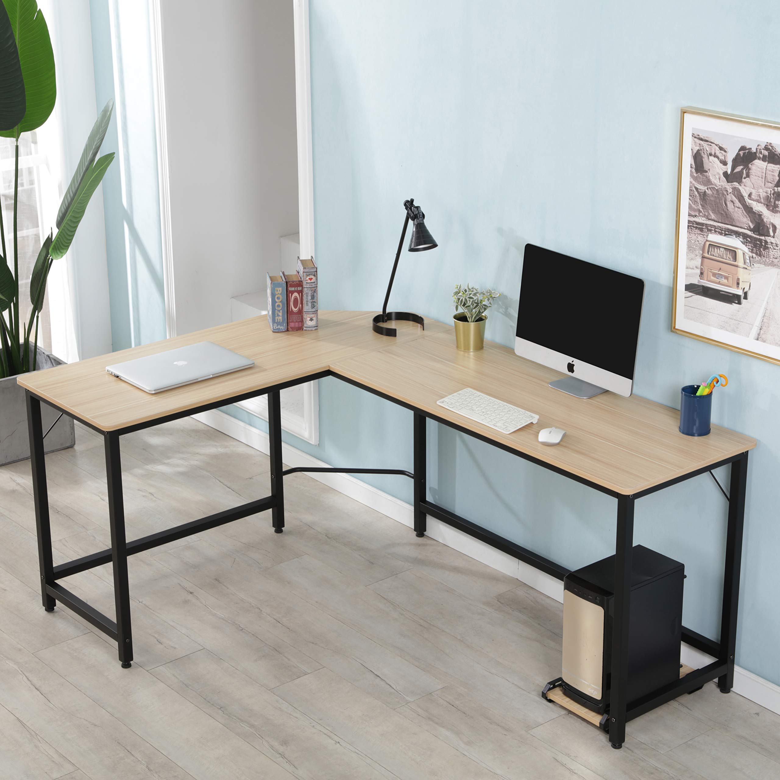 L-Shaped Corner Computer Desk with Wood Tabletop & Metal Frame - Home Office Desk for PC & Laptop - Space-Saving Workstation for Small Rooms & Gaming Setup (Natural Wood Finish)