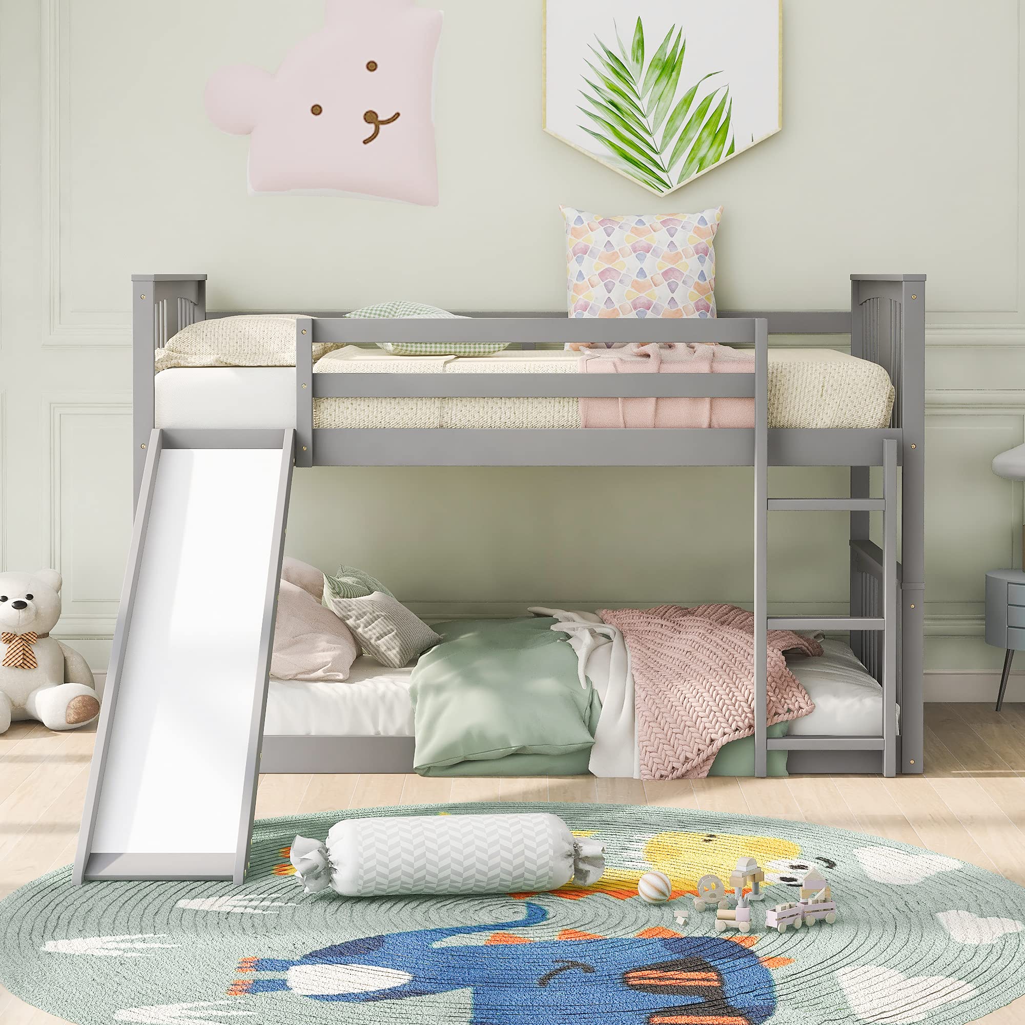 SOFTSEA Low Twin Over Twin Bunk Bed with Slide & Built-in Ladder - Kids Floor Bunk Bed for Small Spaces | Perfect for Siblings Sharing Room or Sleepovers