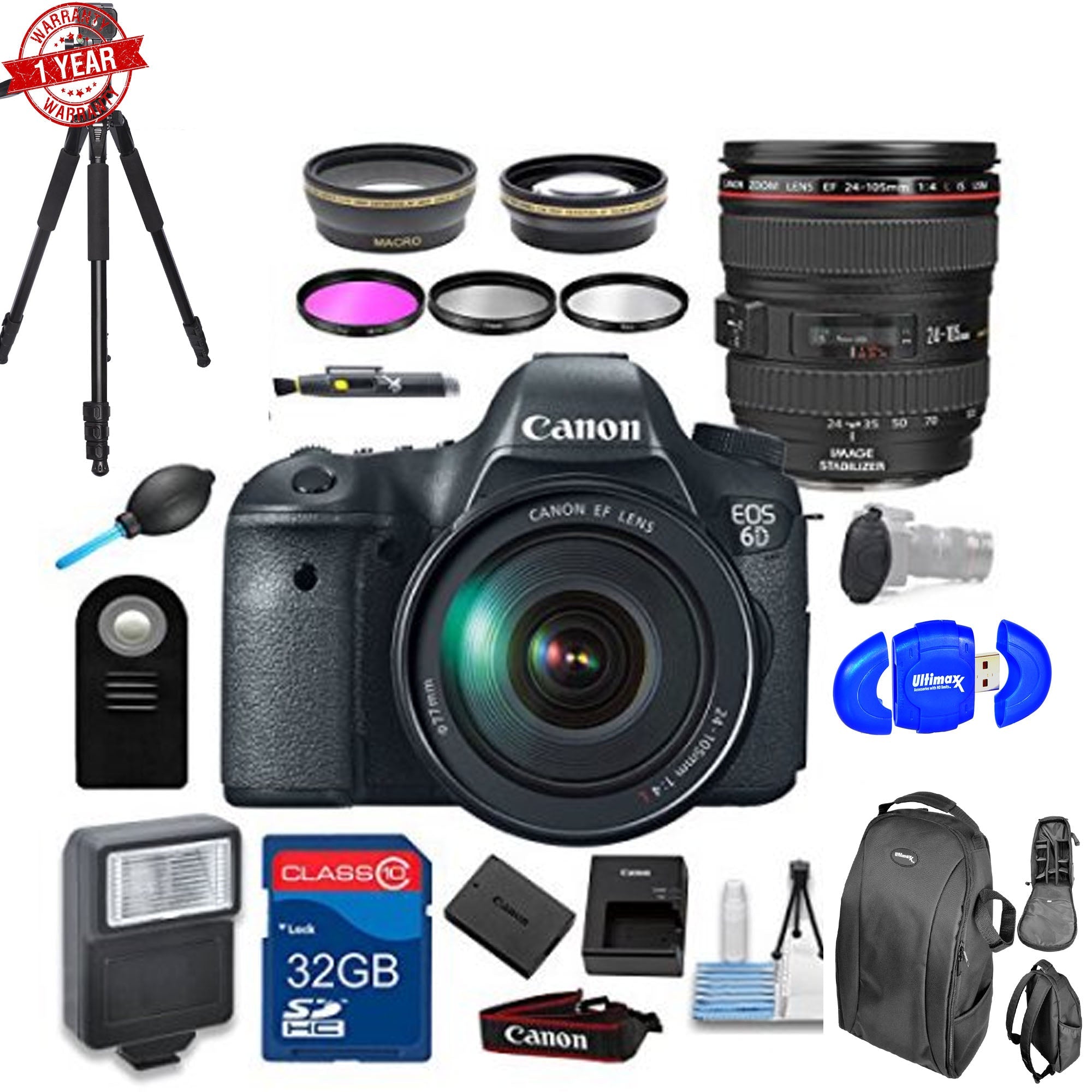 Canon EOS 6D Full Frame DSLR Camera with EF 24-105mm f/4L IS USM Lens Kit - Includes 32GB SD Card, Camera Backpack, Tripod & Accessories - Perfect for Professional Photography, Travel & Vlogging