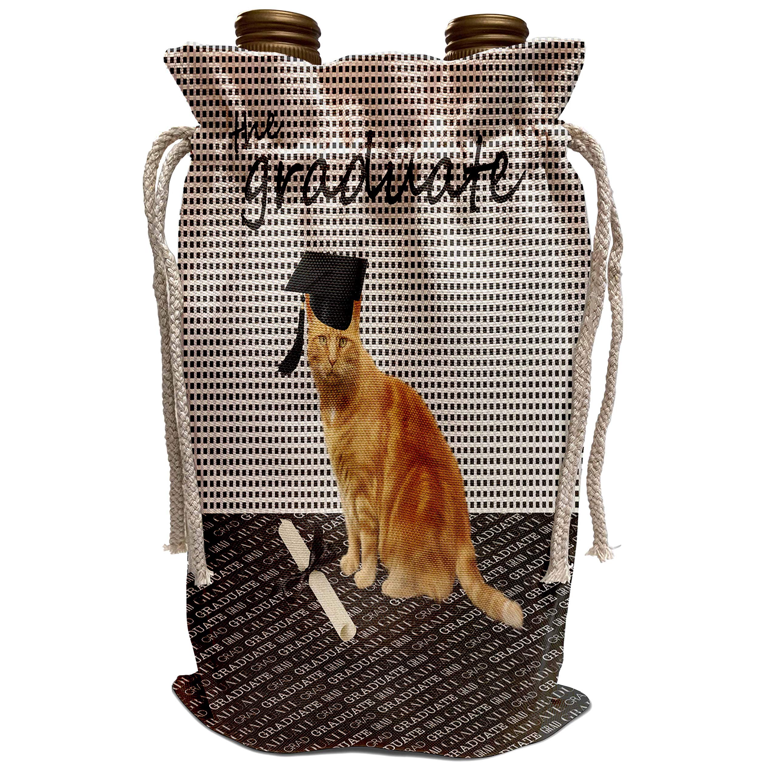 3D Rose Beverly Turner Graduation Wine Bag - The Graduate Yellow Cat with Cap and Diploma Design - Black and White Gift for Graduates - Perfect for Wine Gifts, Graduation Parties & Celebrations