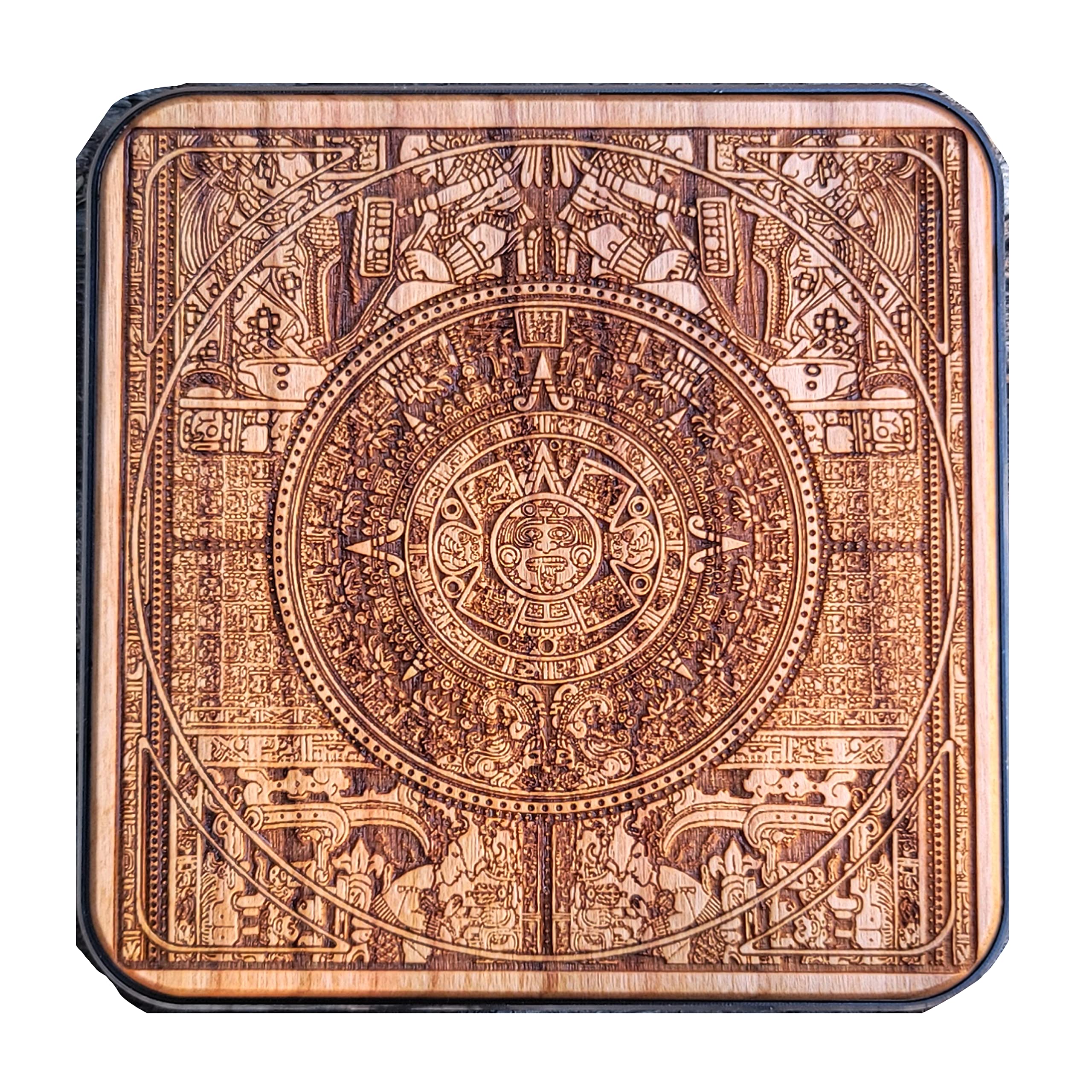 15W Fast Qi Wireless Charger Pad - Laser Engraved Aztec Calendar Cherry Wood with Black Aluminum Base | Compatible with iPhone 16, Galaxy S25/S24 | Tribal Art Desk Decor for Home & Office | Perfect Gift for Tech Lovers & Art Enthusiasts