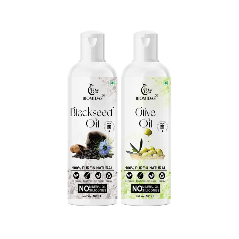 Biomidas 100% Pure Black Seed Oil & Olive Oil Combo (100ML Each) - Promotes Rapid Hair Growth, Reduces Hair Fall, Repairs Split Ends for Softer & Shinier Hair - Pack of 2 - Perfect for Daily Hair Care & Scalp Treatment