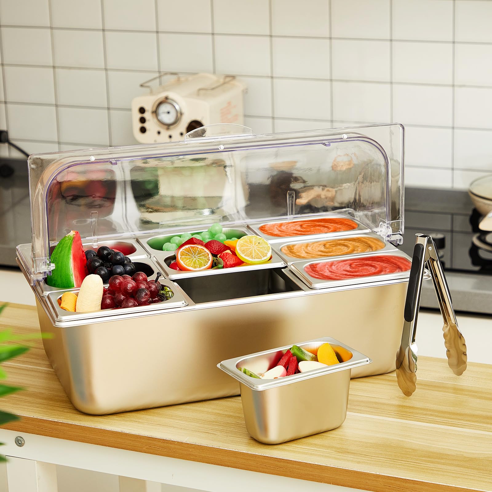 Stainless Steel 9-Compartment Countertop Ice Food Serving Display Container with Lid & Clamps - Condiment Dispenser Tray with Spoons for Restaurant Kitchen, Buffet, Party & Catering Events