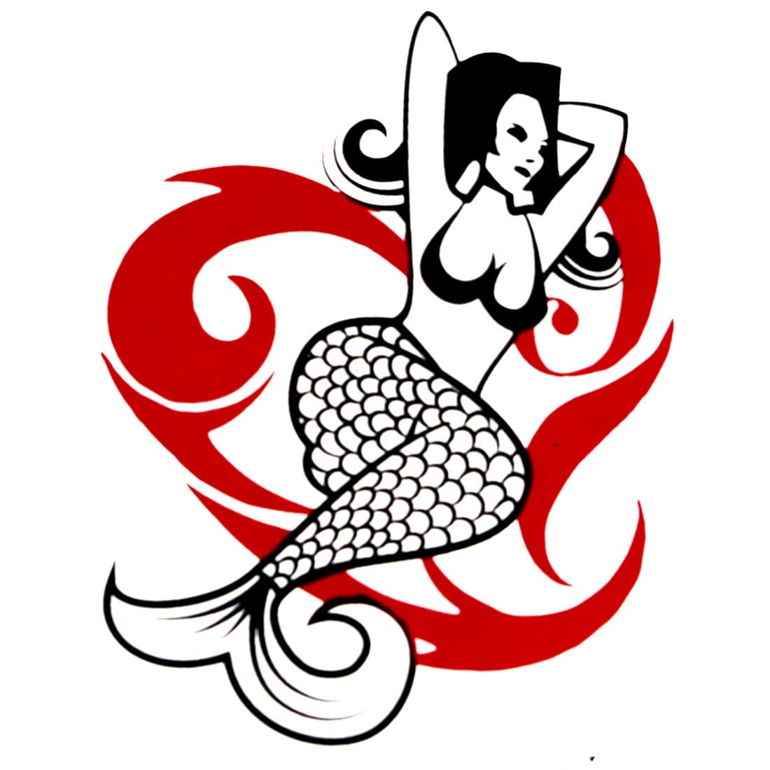 AFH Fish Girl Waterproof Temporary Tattoo Stickers - Black & Red Body Art for Men & Women | Perfect for Parties, Festivals & Summer Beach Looks