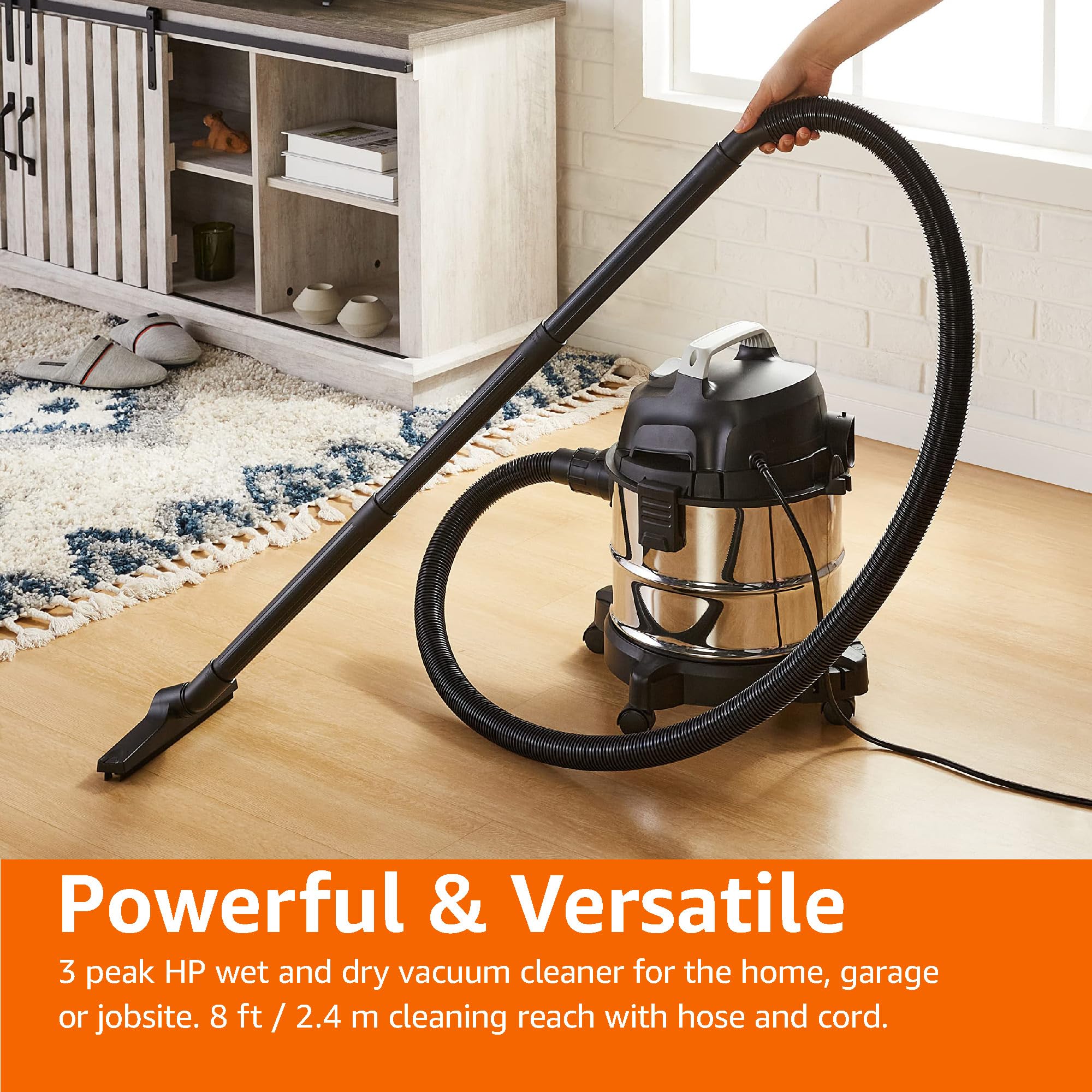 Amazon Basics 4 Gallon Wet Dry Vacuum Cleaner - 3 HP Stainless Steel Shop Vac for Home, Garage & Workshop - Powerful Suction for Dust, Debris & Liquids (Grey/Black)