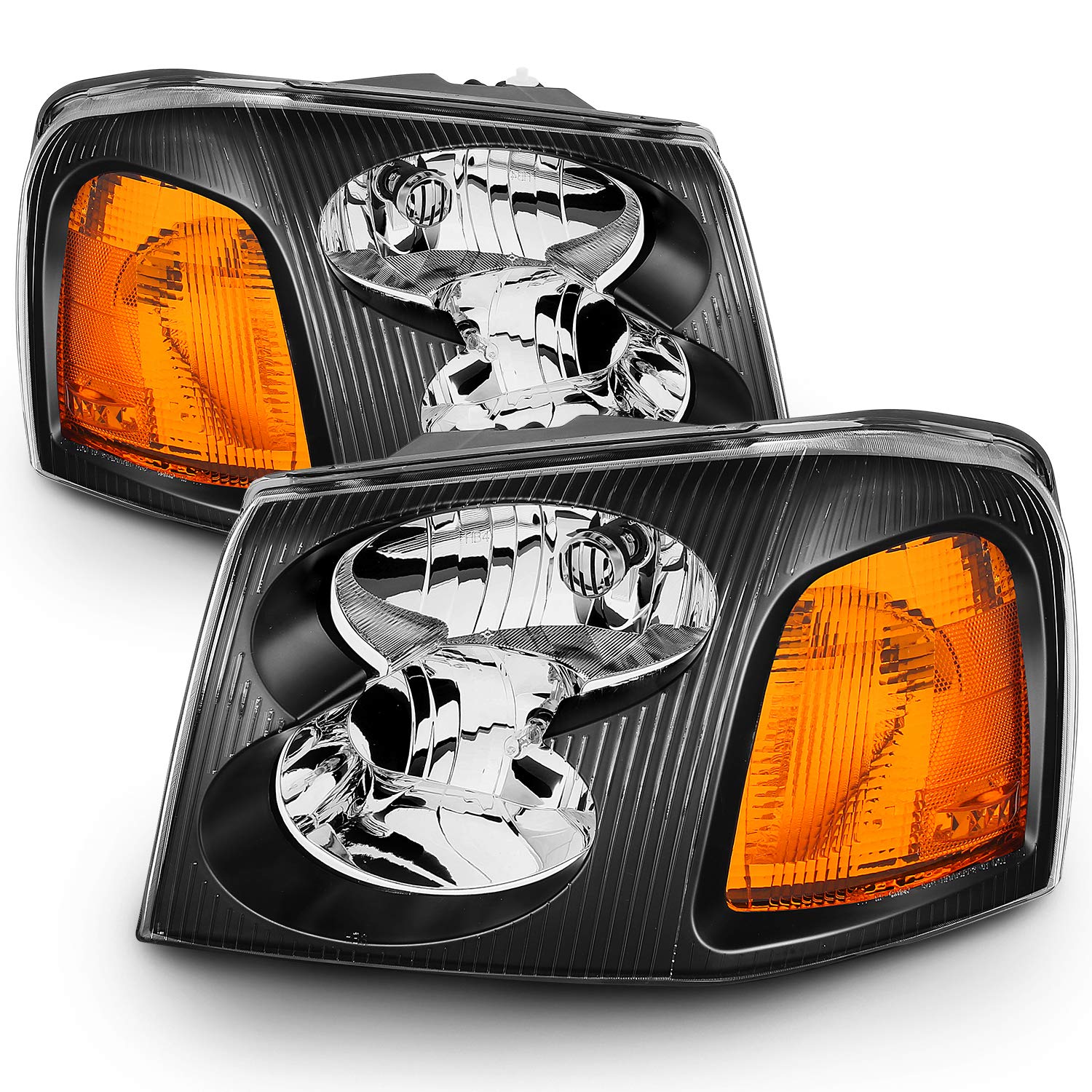 AmeriLite Black Replacement Headlights Set for GMC Envoy - Left & Right Side with Hi/Lo Beam Bulbs | Durable Auto Lighting Upgrade for Night Driving & Off-Road Adventures