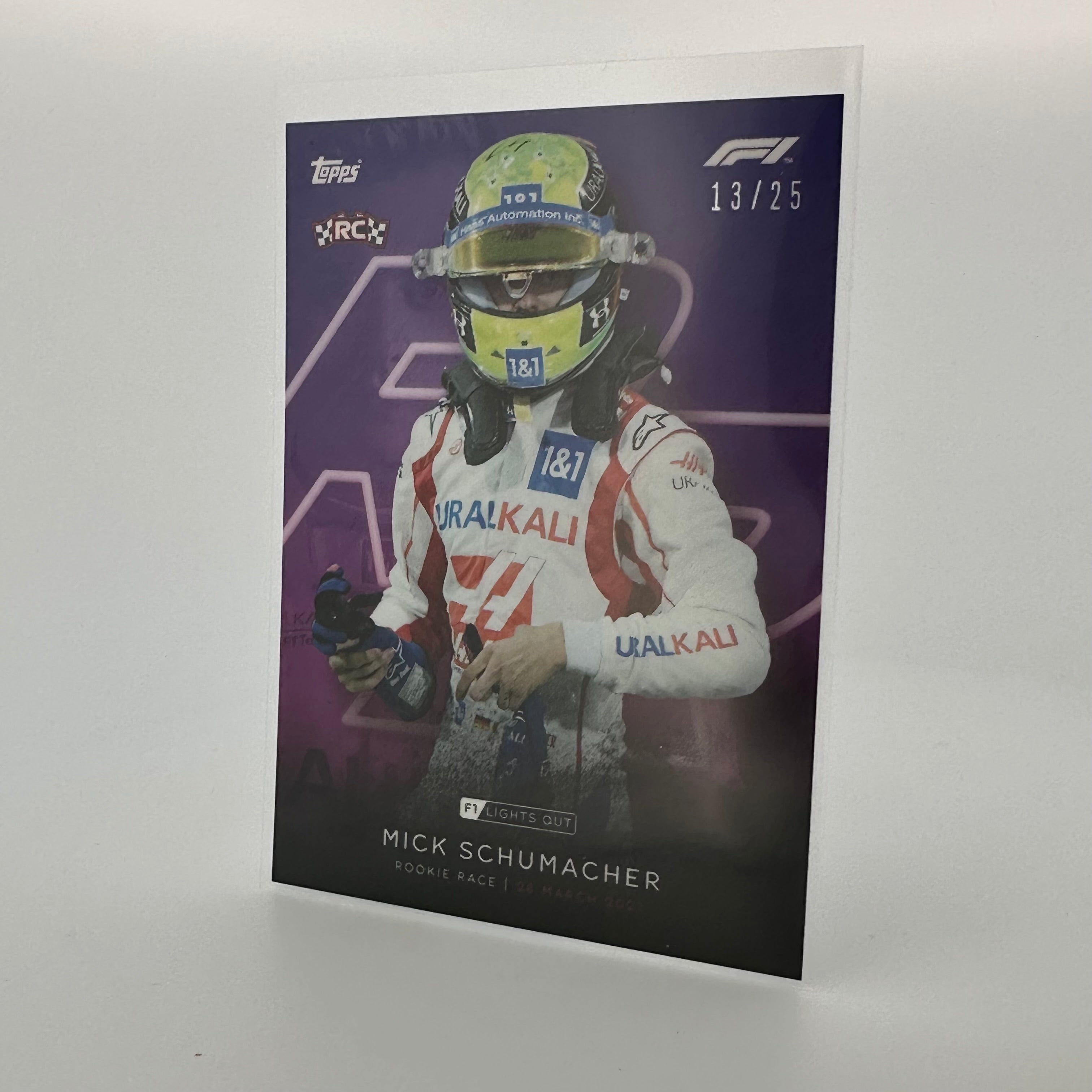 Mick Schumacher 13/25 Rookie Race Purple Parallel Card - Collectible Racing Memorabilia for Fans & Enthusiasts - Perfect for Display, Trading, and Gifting