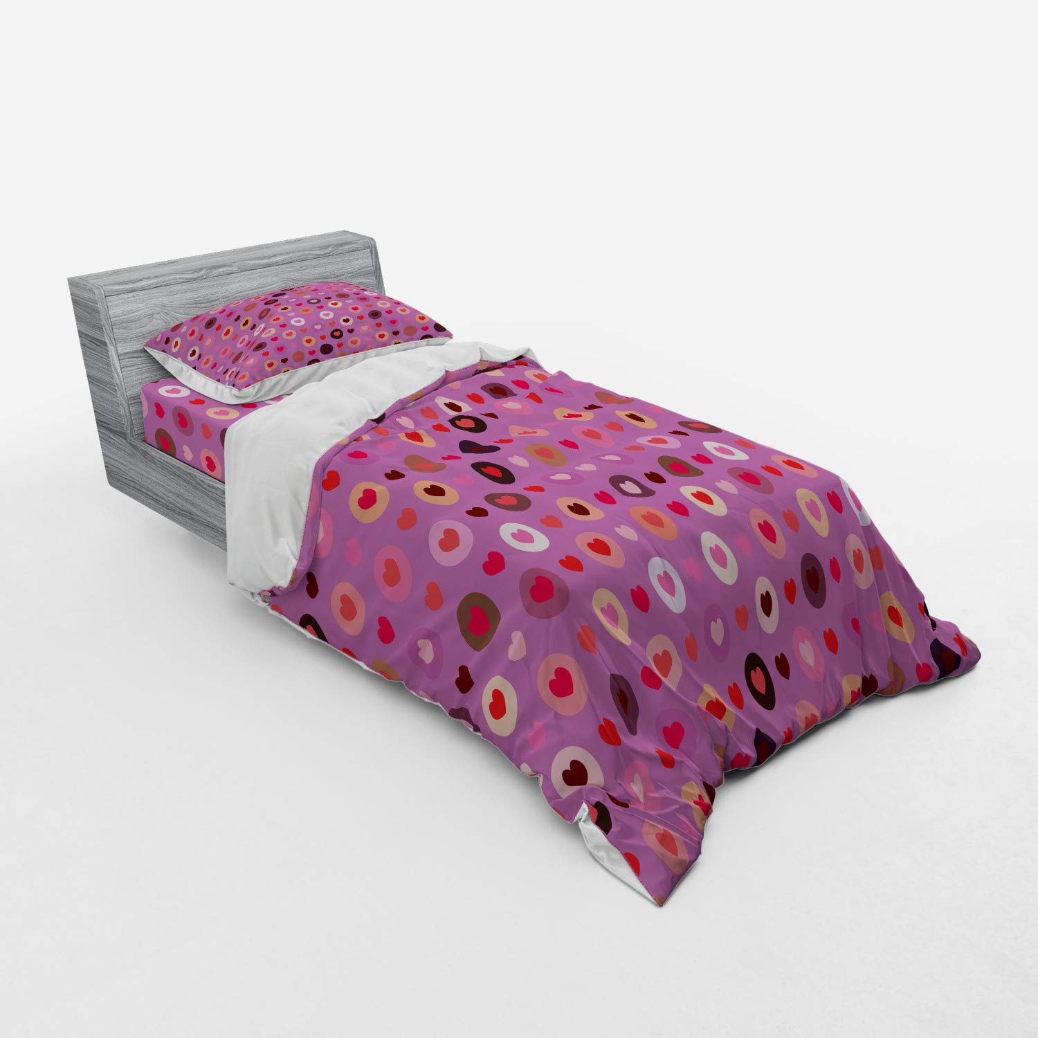 Ambesonne Abstract Duvet Cover Set - Valentine's Day Heart Design with Circular Patterns, 3-Piece Bedding Set Includes Sham & Fitted Sheet, Twin Size, Fuchsia Red Salmon Color - Perfect for Romantic Bedrooms, Anniversary Gifts & Couples Retreats