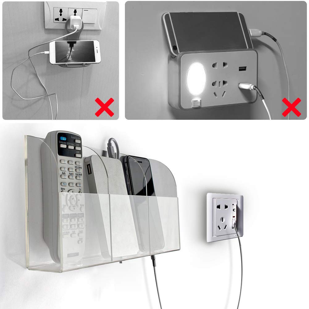 Clear Wall Mounted Phone Charging Station - Universal Smartphone & TV Remote Holder with 2 Holes - Perfect for Bedroom, Kitchen, Office Organization & Cord Management