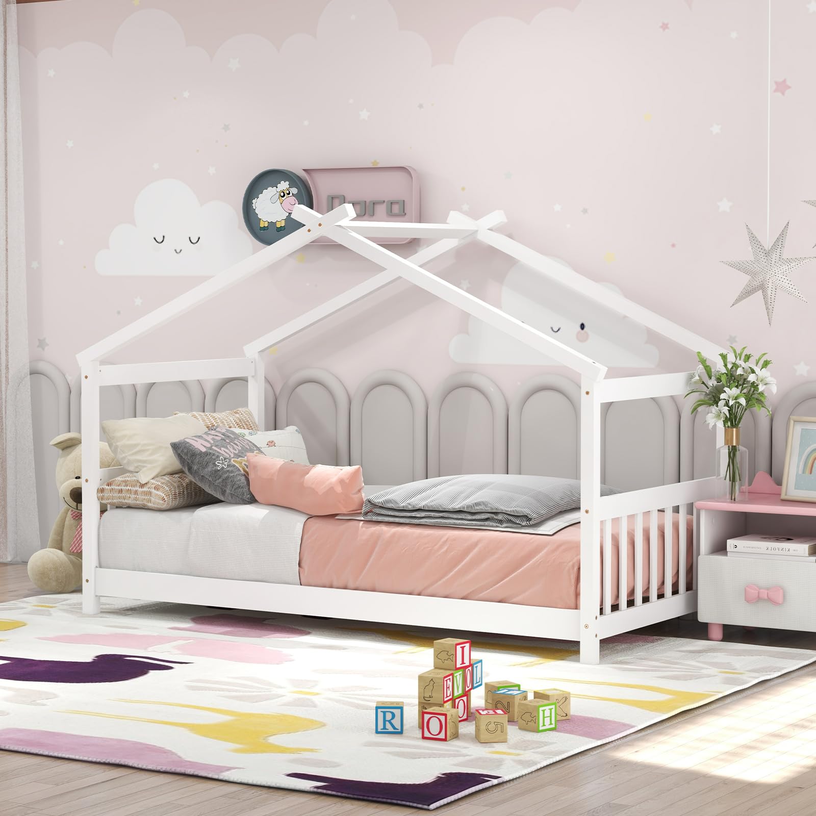 **KOMFOTT Twin Wood House Bed for Kids – Low Profile Floor Bed Frame with Roof, Headboard & Footboard – Montessori Tent Bed for Toddlers, Boys & Girls – No Box Spring Needed – White – Perfect for Playrooms, Bedrooms & Montessori Learning Spaces**