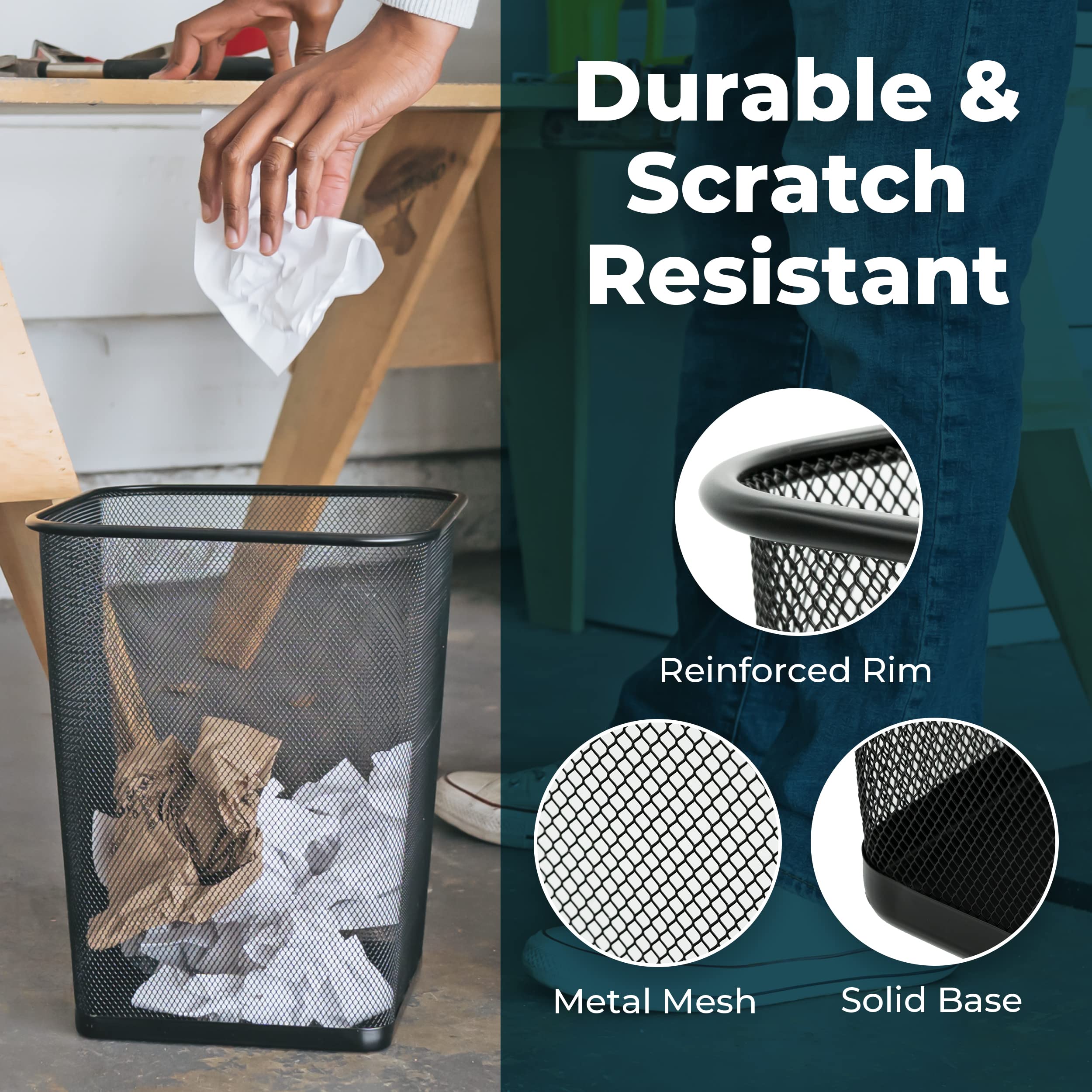 Greenco 2-Pack 6 Gallon Black Mesh Square Trash Cans - Lightweight & Sturdy Small Waste Baskets for Home, Office, Kitchen, Bedroom - Perfect Under Desk Garbage Bin for Recycling, Den or Small Spaces