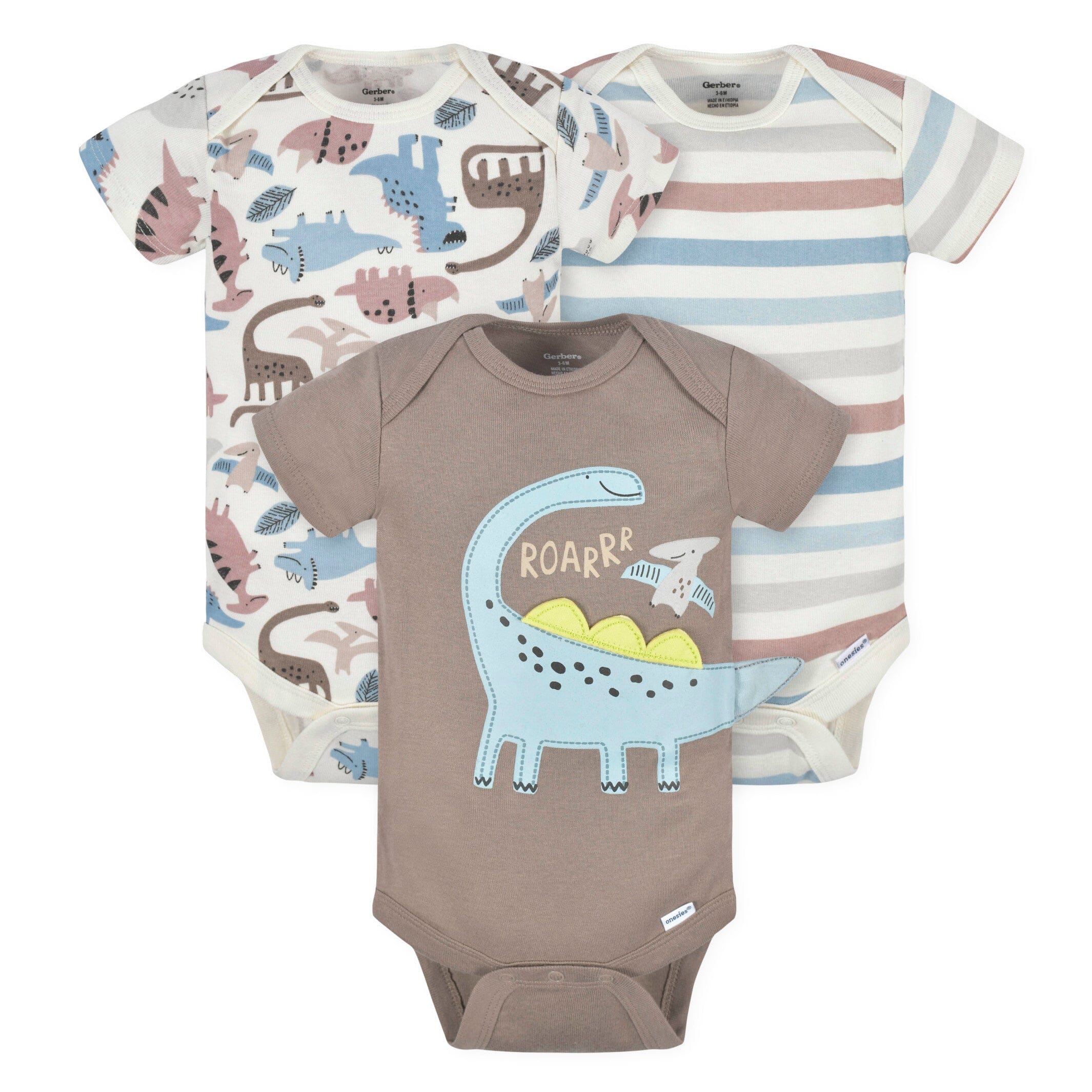 3 Pack Baby Boys Dinosaur Short Sleeve Onesies® Bodysuits - Soft Cotton Rompers for Playtime, Daycare & Summer Outfits