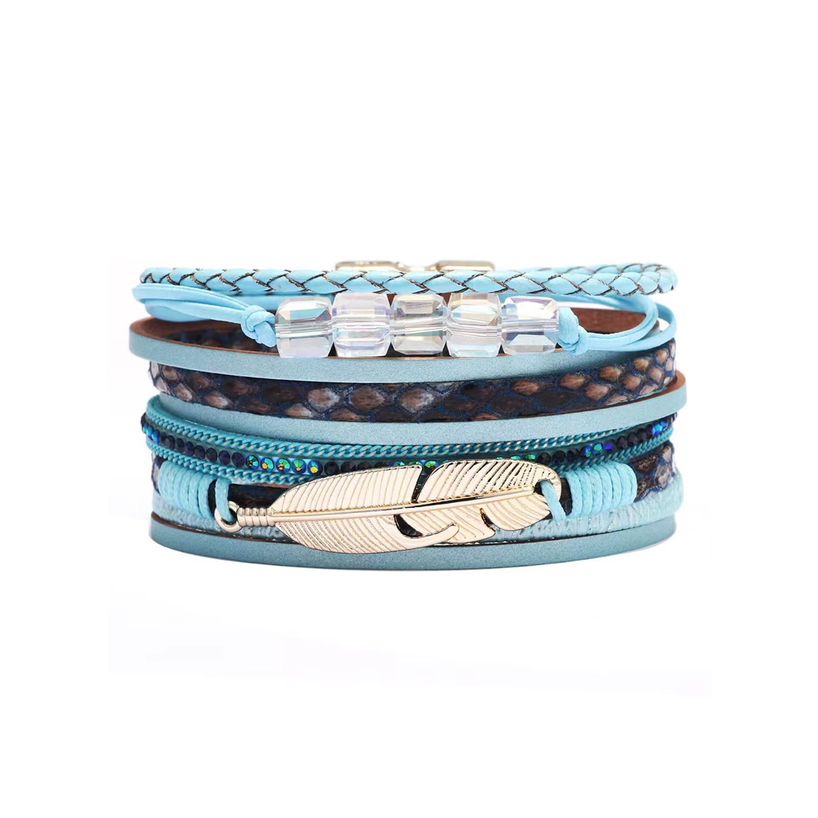Handmade Boho Feather Multilayer Blue Leather Wrap Bracelet for Women - Adjustable Braided Wristband Cuff Bangle - Perfect for Birthday Gifts, Boho Fashion & Festival Accessories