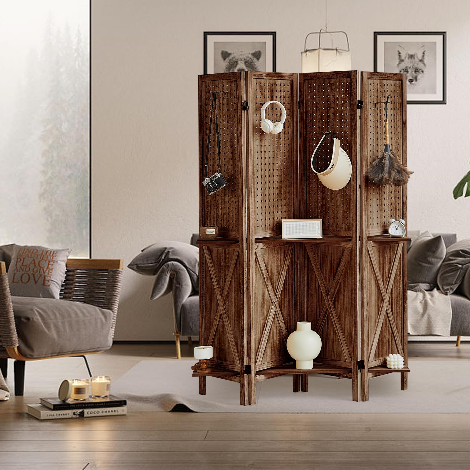 4 Panel Wood Room Divider with Shelves - Folding Privacy Screen & Pegboard Display - Easy to Move for Home & Store Use - Brown (Perfect for Studio Apartments, Office Spaces & Retail Displays)
