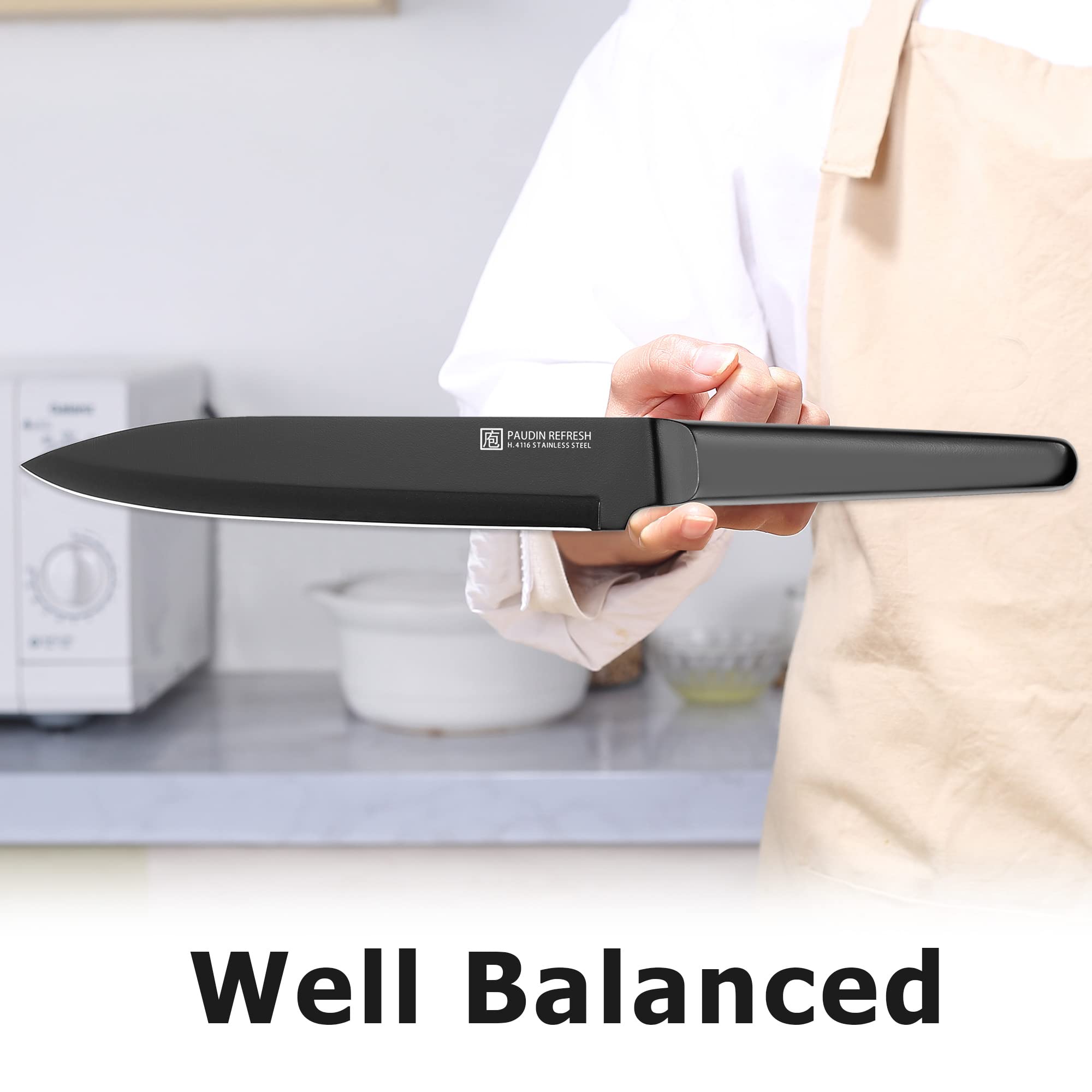 PAUDIN 8 Inch High Carbon Stainless Steel Carving Knife - Professional Kitchen Knife for Meat, BBQ, Turkey & Sushi - Ergonomic Hollow Handle Design - Perfect for Holiday Dinners, Restaurant Use & Home Cooking