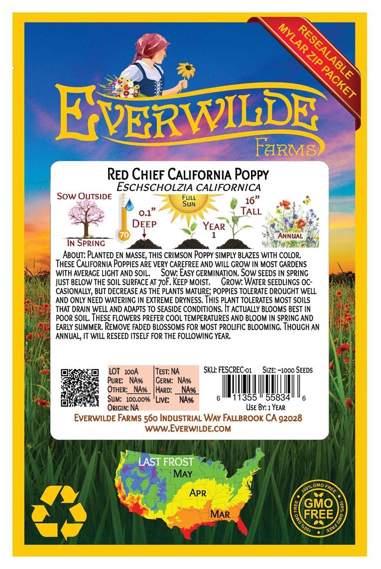 Everwilde Farms - 1000 Red Chief California Poppy Wildflower Seeds - Gold Vault Jumbo Seed Packet for Home Garden, Landscaping & Pollinator Gardens