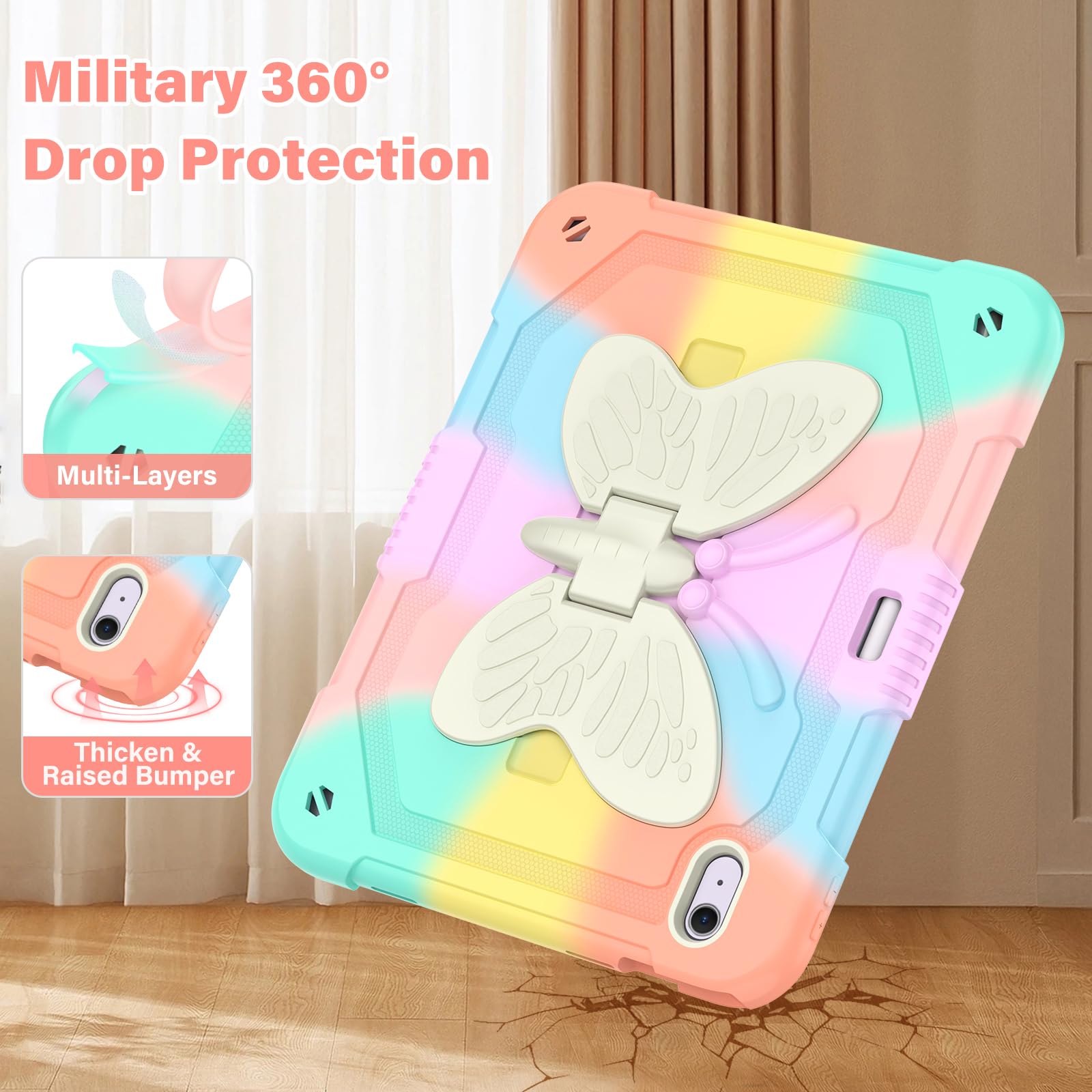 **Colorful Heavy Duty Protective Case for iPad Air 11-inch (M2 & M3) - Kids & Girls with Stylus Holder, Butterfly Stand & Carrying Strap | Perfect for School, Travel & Play**