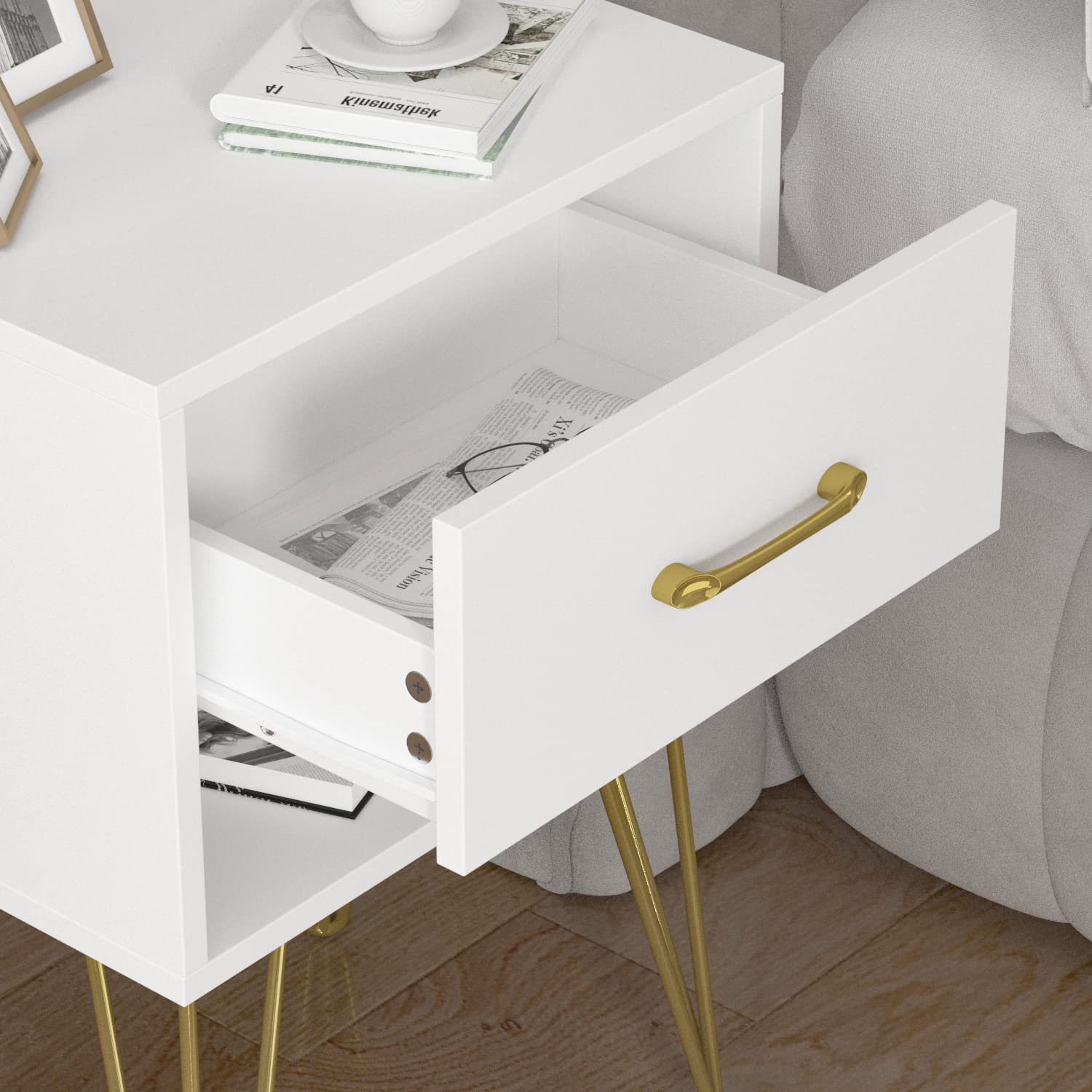AIEGLE White Nightstand Set of 2 - Modern Wooden End Tables with Drawer & Shelf, Small Bedside Tables with Gold Metal Legs for Bedroom Storage (15.7
