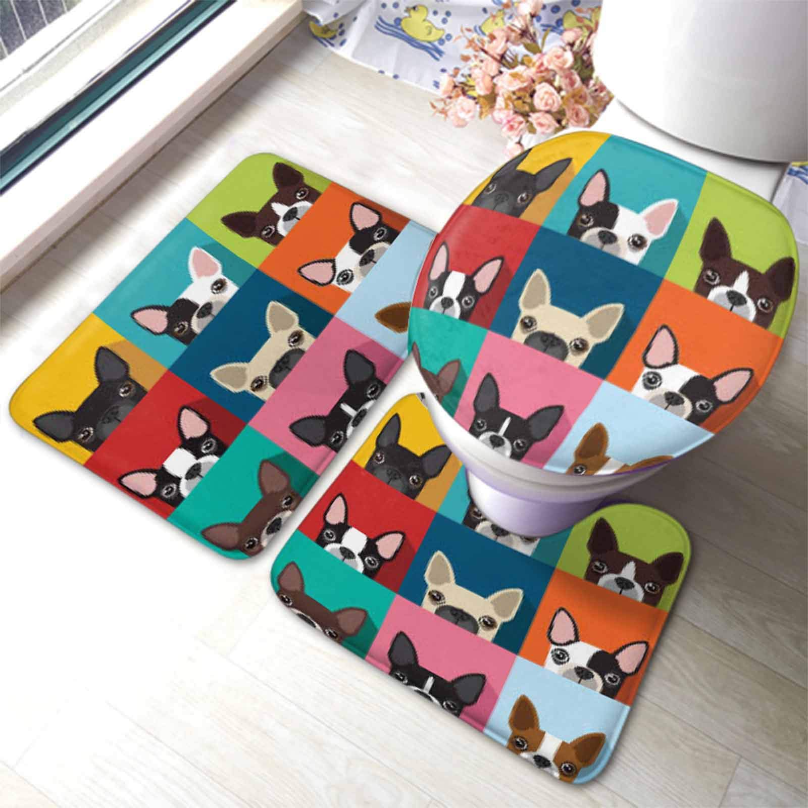 3-Piece Dog Bathroom Rug Set - Fun Cartoon Boston Terrier Face Pattern, U-Shaped Contour Bath Mat, Toilet Lid Cover - Non-Slip Floor Mats for Pet Lovers' Bathroom Decor