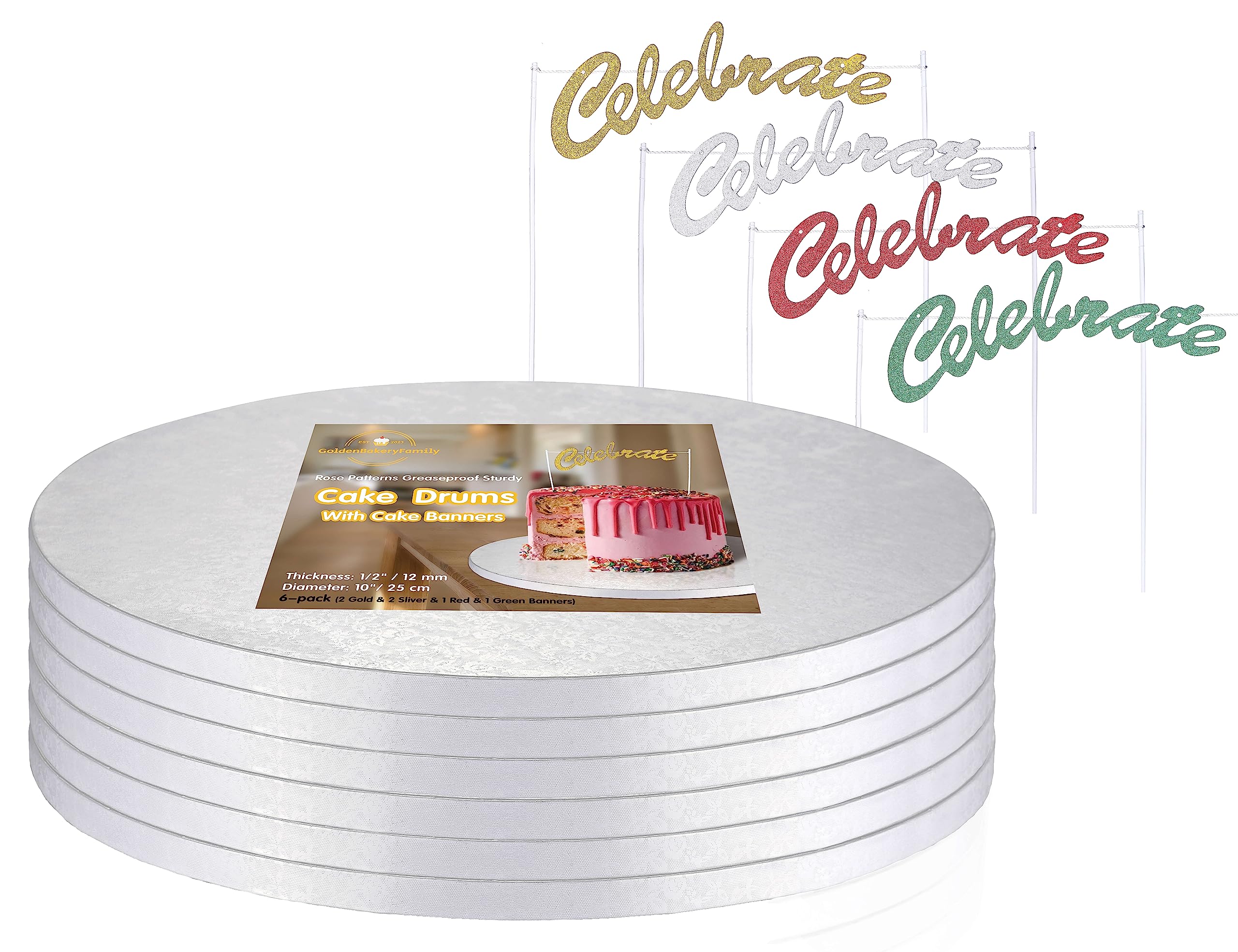 10 Inch Round White Cake Drums (6-Pack) - 1/2 Inch Thick Sturdy & Greaseproof Cake Boards with Banner Topper for Birthday, Wedding & Multi-Tiered Cakes | Perfect for Professional Baking, Party Decorations & Dessert Displays by GoldenBakeryFamily
