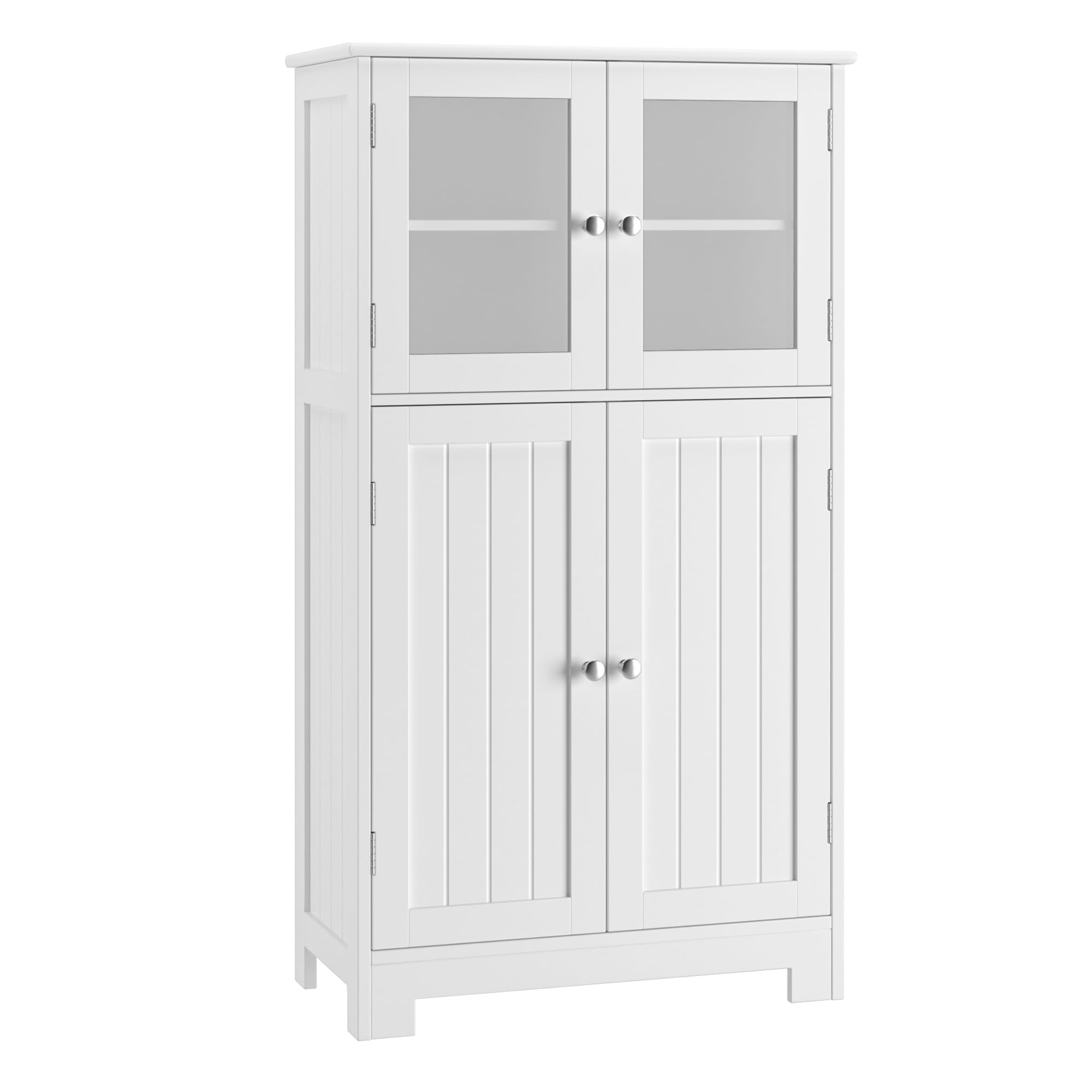 White Freestanding Bathroom Storage Cabinet with Adjustable Shelves & Glass Doors - Modern Floor Cabinet for Bathroom, Living Room & Home Office Organization