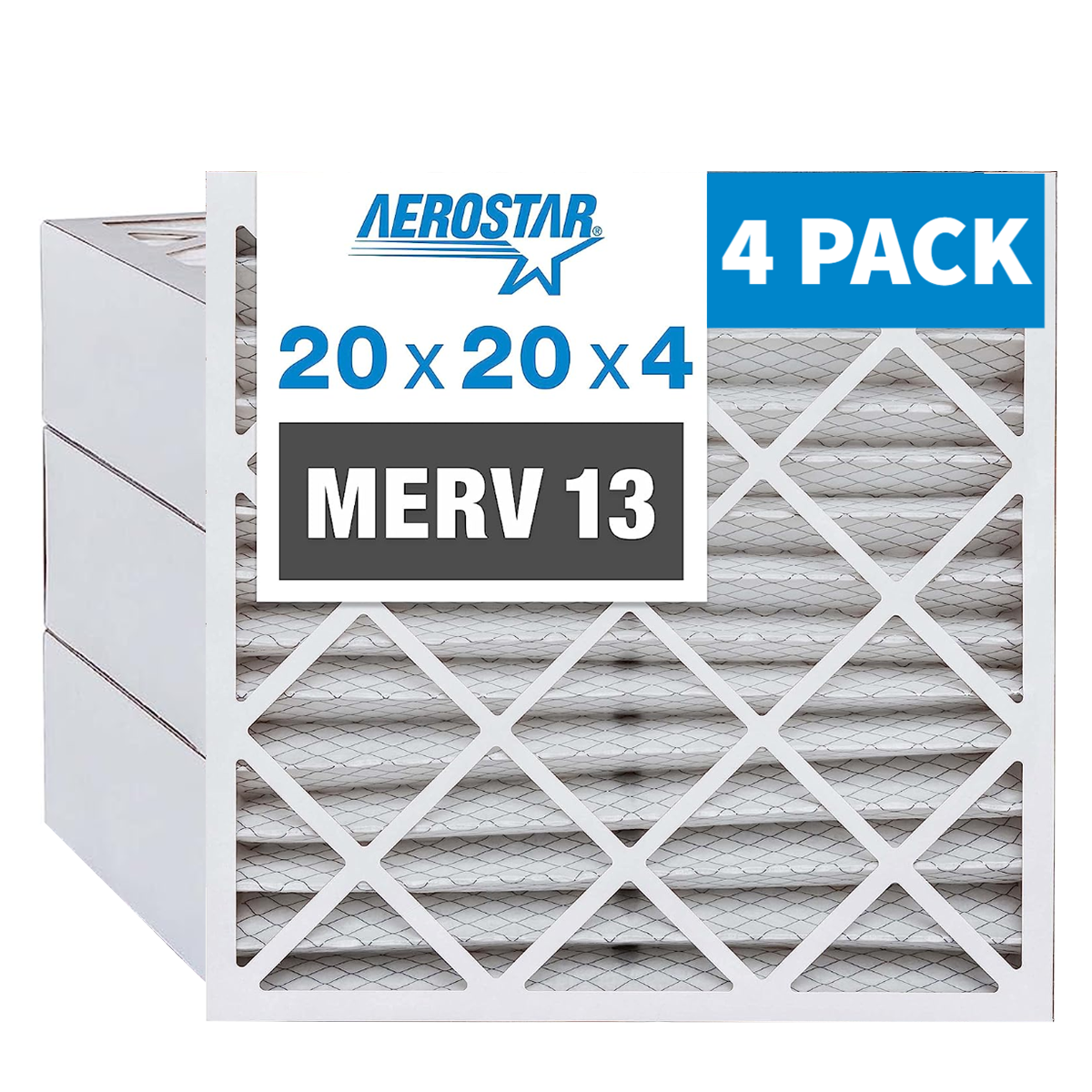 Aerostar 20x20x4 MERV 13 Pleated Air Filter - 19.5x19.5x3.75 Inches (Case of 4) - Perfect for HVAC Systems, Home & Office Air Purification