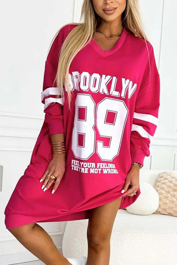 Stylish Sporty Jersey Mini Dress with Long Sleeves & Pocket - Digital Print Fashion for Women | Perfect for Gym, Casual Outings & Streetwear