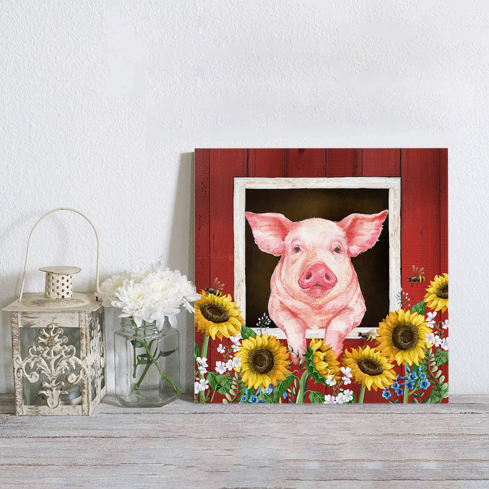 Sunflower Pig Canvas Wall Art - Framed Farmhouse Decor for Living Room & Kitchen, 28x28 Inch Ready to Hang Painting, Cute Barn Animal Wooden Plank Design | Perfect for Farmhouse, Rustic & Country Style Home Decor
