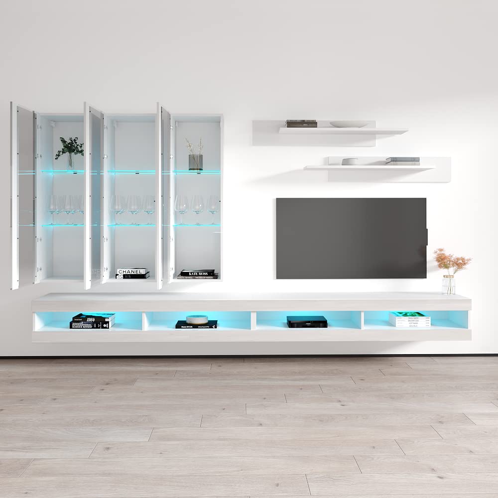 Modern White Wall-Mounted TV Stand with Storage Shelves & LED Lights - Floating Entertainment Center Console for Bedroom & Living Room - Perfect for Small Spaces & Home Theater Setup - Meble Furniture Fly E3 34