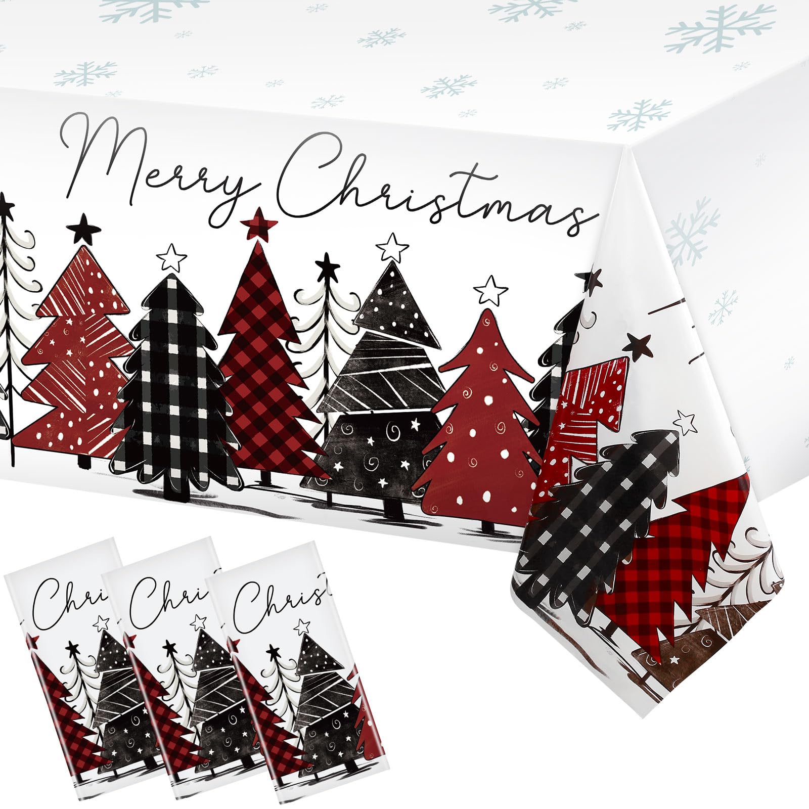 3 Pack Disposable Christmas Tablecloth - Buffalo Plaid Snowflake Plastic Table Cover for Holiday Party, Picnic, Dinner Decor (54x108 Inch) - Perfect for Christmas Tree Skirt, Festive Dining & Seasonal Gatherings