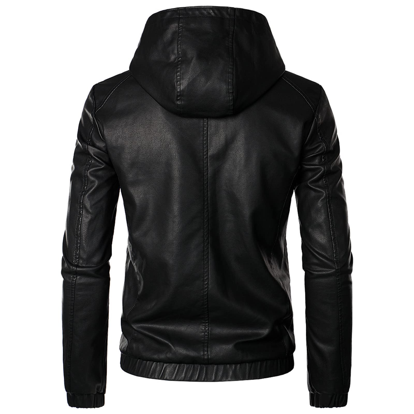 **Men's Black Faux Leather Hooded Motorcycle Jacket - Slim Fit Zip-Up Bomber Coat with Hood, Punk Style Windbreaker for Riding & Outdoor Activities**