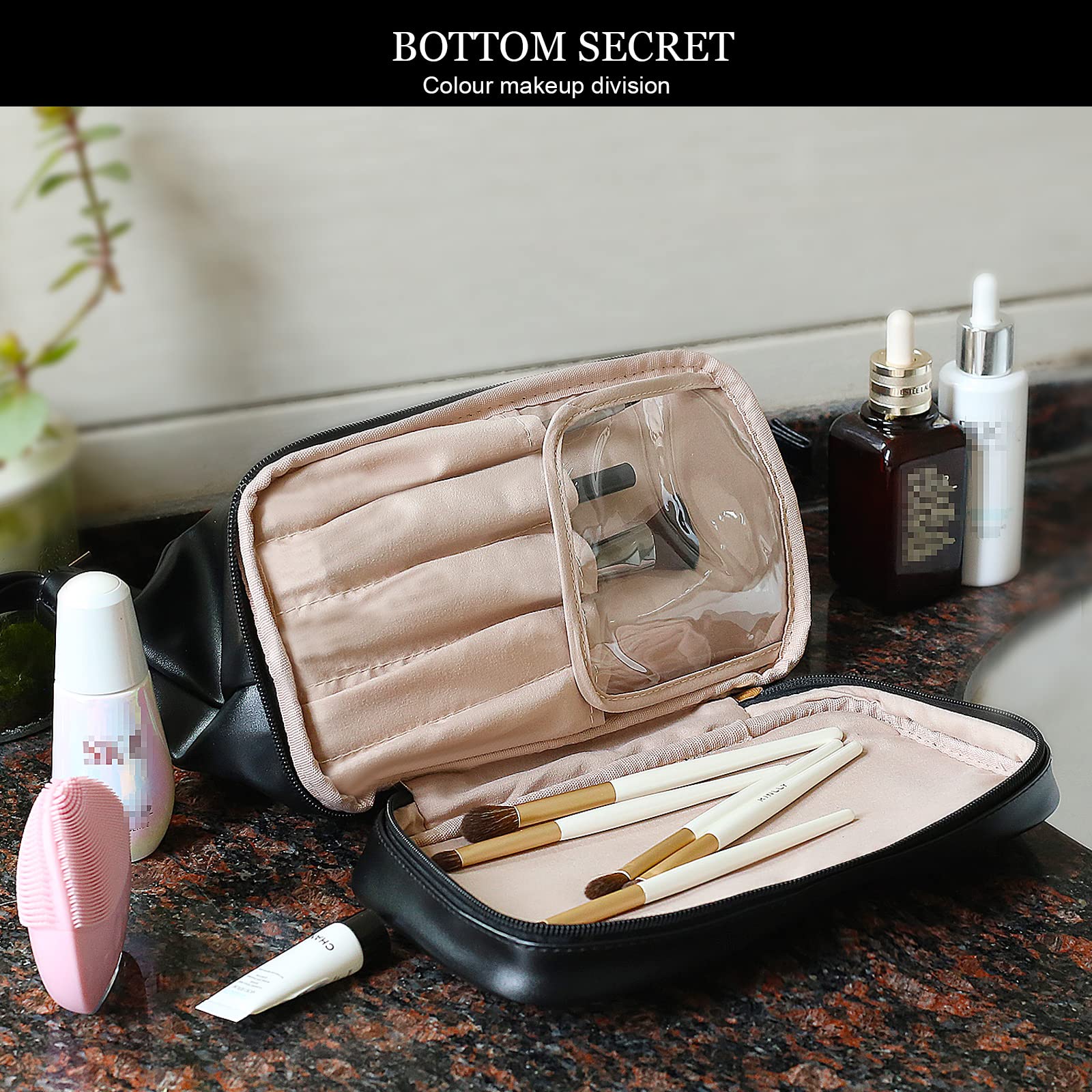 **Abiudeng Large Waterproof Makeup Bag for Women - Travel Cosmetic Organizer with Bottom Pouch, Cute Toiletry Bag Essentials for Travel, Gym & Daily Use**