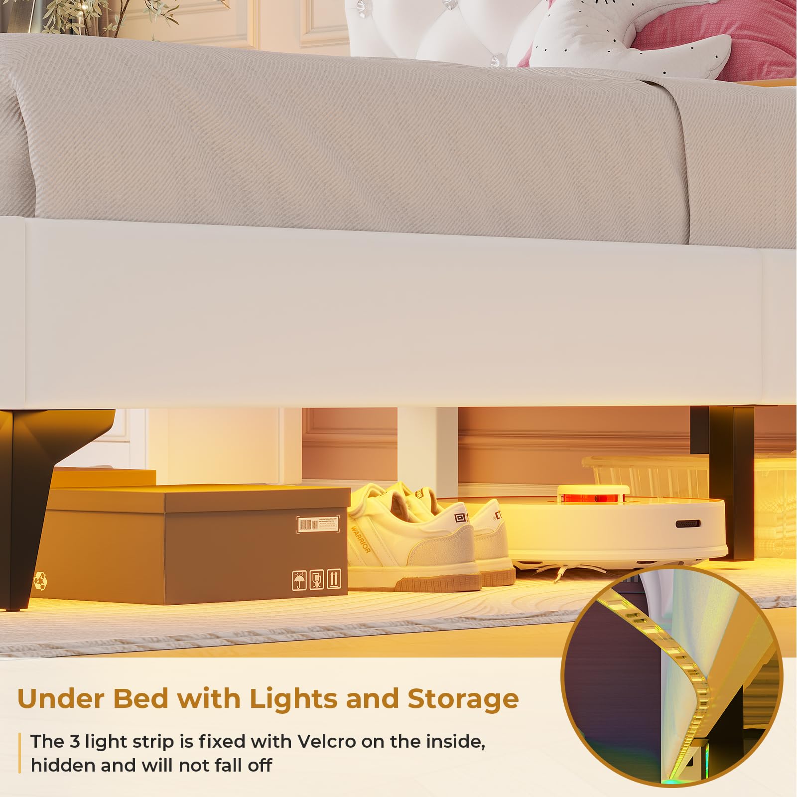 ADORNEVE Twin Bed Frame with RGB LED Lights & Adjustable Crystal Headboard - Velvet Upholstered Platform Bed for Girls with Solid Wood Slats - Easy Assembly Cream White - Perfect for Princess Themed Bedrooms & Teen Girls' Sleepovers