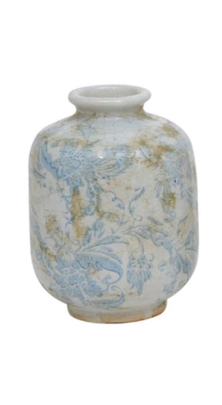 Antique Style Cream & Blue Terracotta Transferware Vase - Floral Narrow Vase for Home Decor, Farmhouse Table Centerpiece, Wedding Floral Arrangement, Rustic Shelf Display