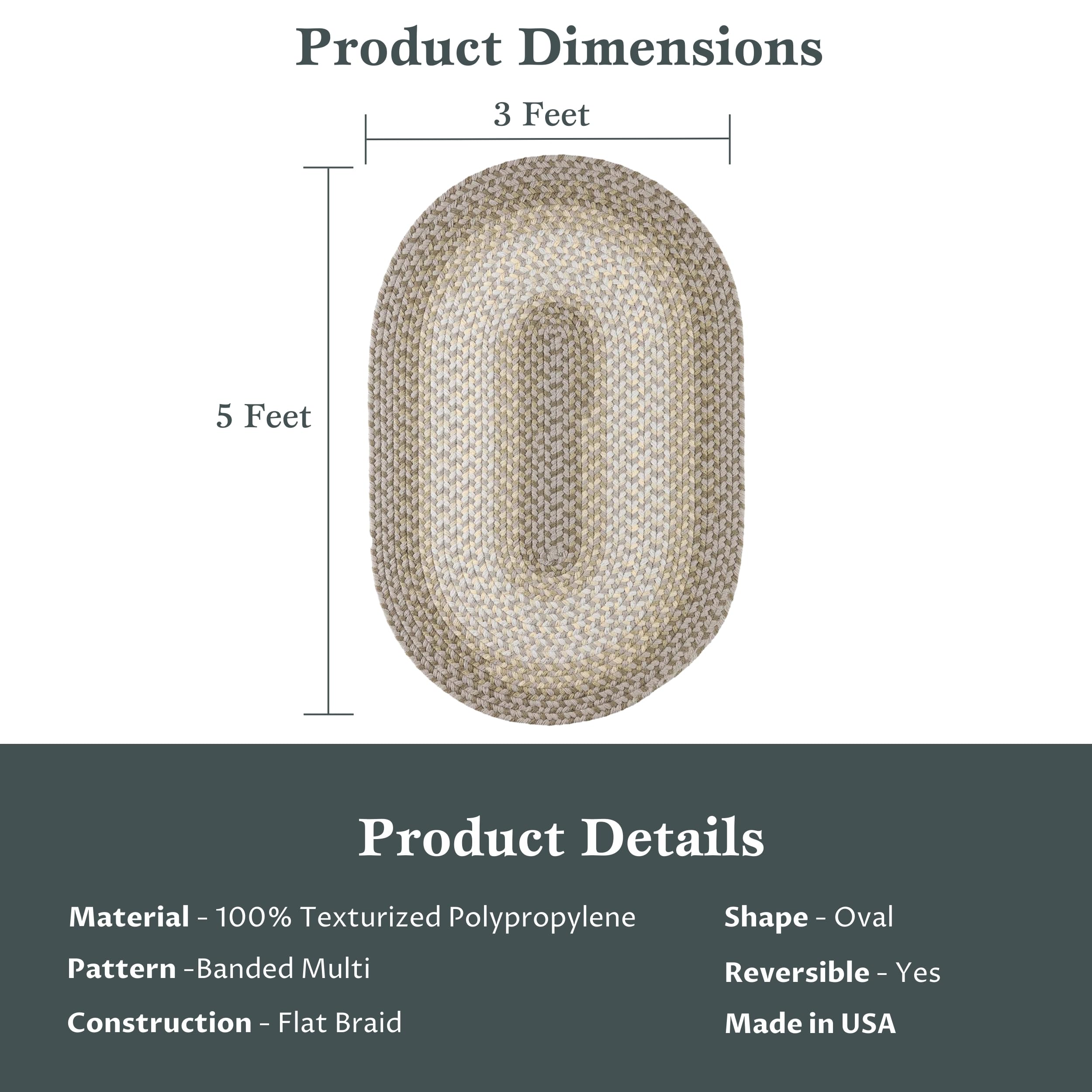 Braided Oval Area Rug 3' x 5' - Frosty Multi TR62 Twin River Collection | Non-Slip Floor Mat for Bedroom, Living Room & Hallway | Easy Care Washable Rug for High Traffic Areas | USA-Made Home Decor | Perfect for Cozy Spaces & Pet-Friendly Homes