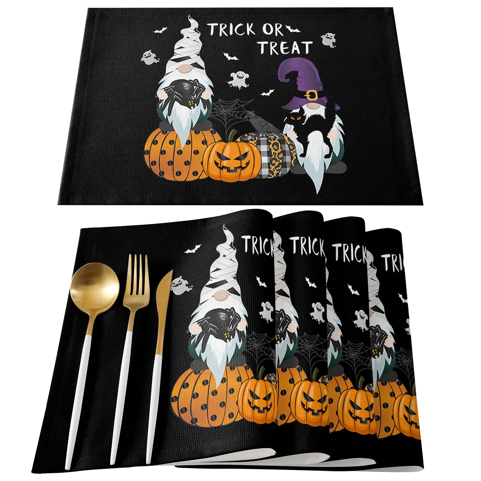 Gnome Halloween Placemats Set of 6 - 13x19 Inch Washable & Wipeable Table Mats for Dining, Kitchen, Patio - Pumpkin Carving Decor for Halloween Party, Thanksgiving Dinner & Fall Home Decor