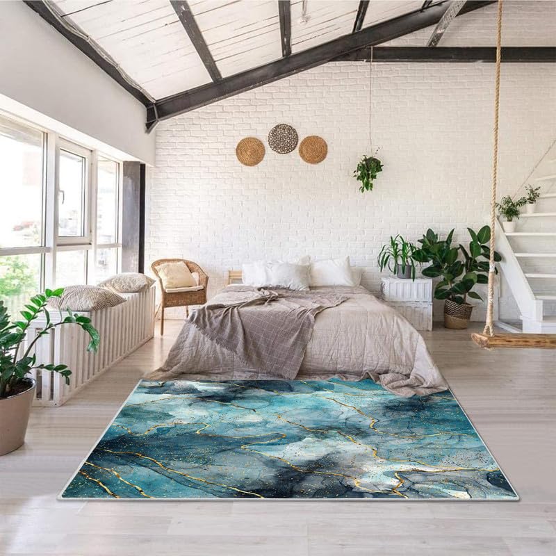 Washable 6x9 Area Rug - Turquoise Marble Print Low Pile Non-Slip Carpet for Living Room, Bedroom, Home Office & Nursery | Soft Floor Mat for Kids Play Area & High Traffic Spaces