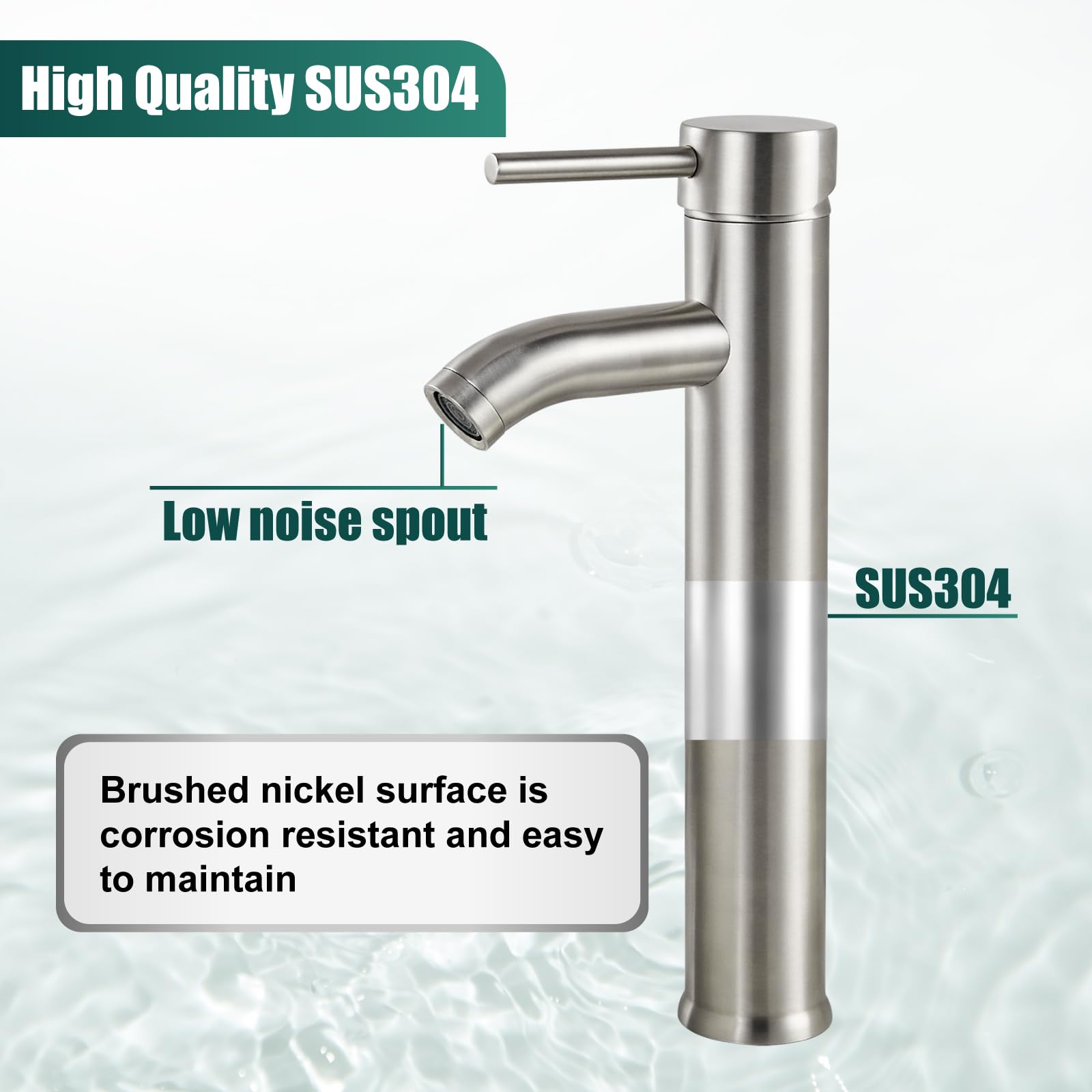 Brushed Nickel Tall Bathroom Faucet - SUS304 Stainless Steel Vessel Sink Deck Mount Single Handle Mixer Tap with Pop Up Drain - Perfect for Modern Bathrooms, Powder Rooms & Luxury Vanities