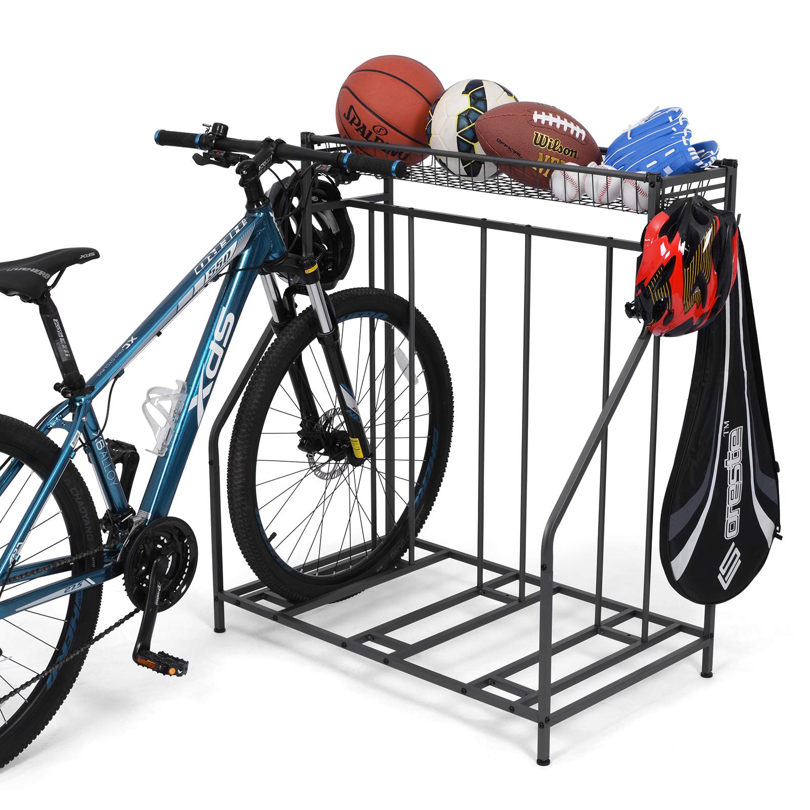 Garage Bike Rack - Heavy Duty Free Standing Bicycle Parking Stand for Mountain, Hybrid & Kids Bikes | Adjustable Bike Slot with 3 Stands & 6 Hooks | Sports Equipment Storage Solution for Home, Garage & Outdoor Use