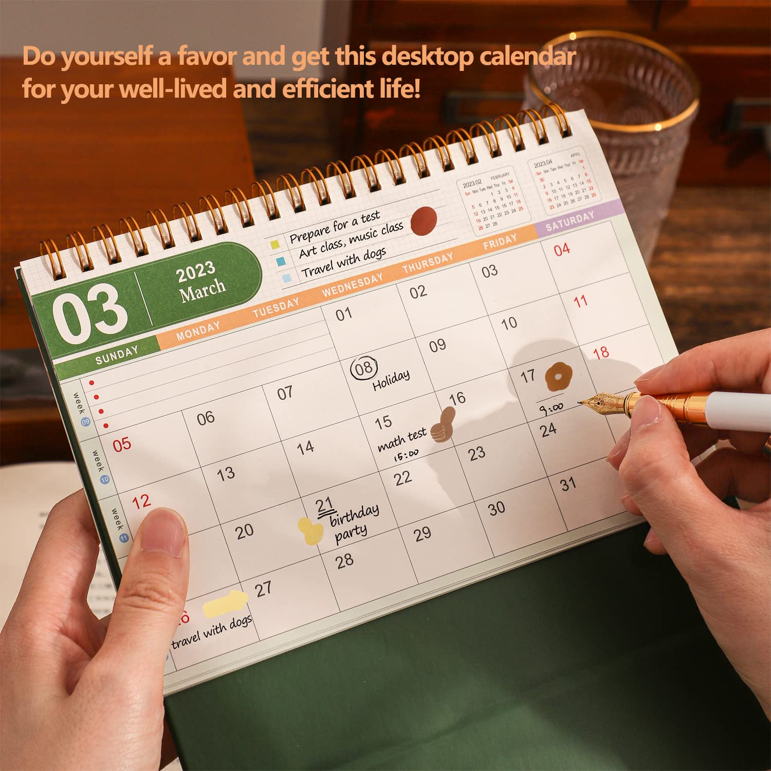 2022-2023 Small Desk Calendar | July 2022 - December 2023 Daily Planner | Thick Paper Twin-Wire Binding Standing Calendar with Stickers | Perfect for Home, Office & School Organization (White)